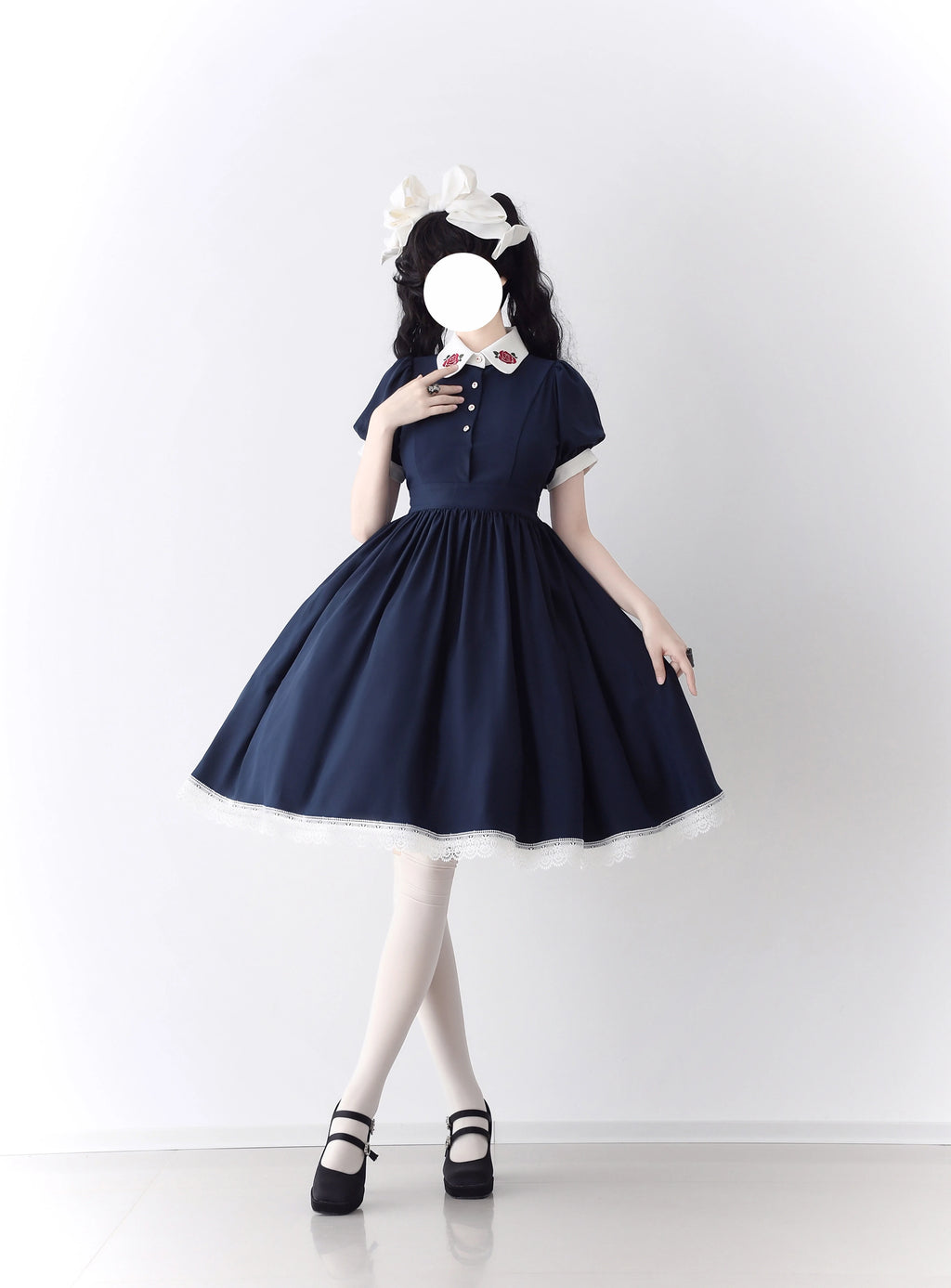 Maid-style dress with red rose embroidery and apron