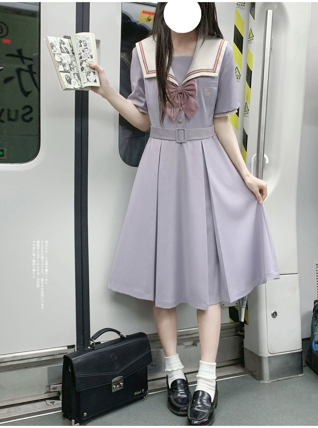 Misty Vine Wisteria Sailor Collar Short Sleeve Dress