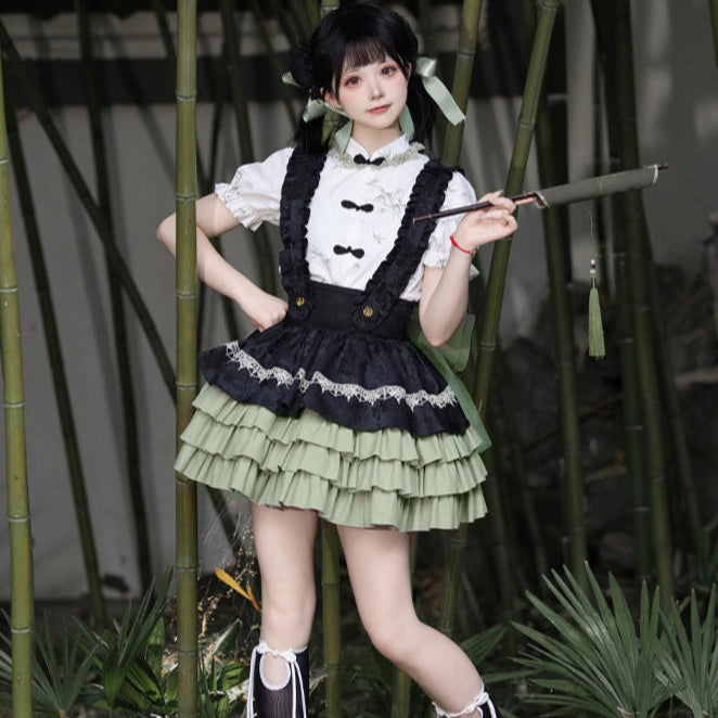 Exquisite Hanarori Mini Length Suspender Skirt Set