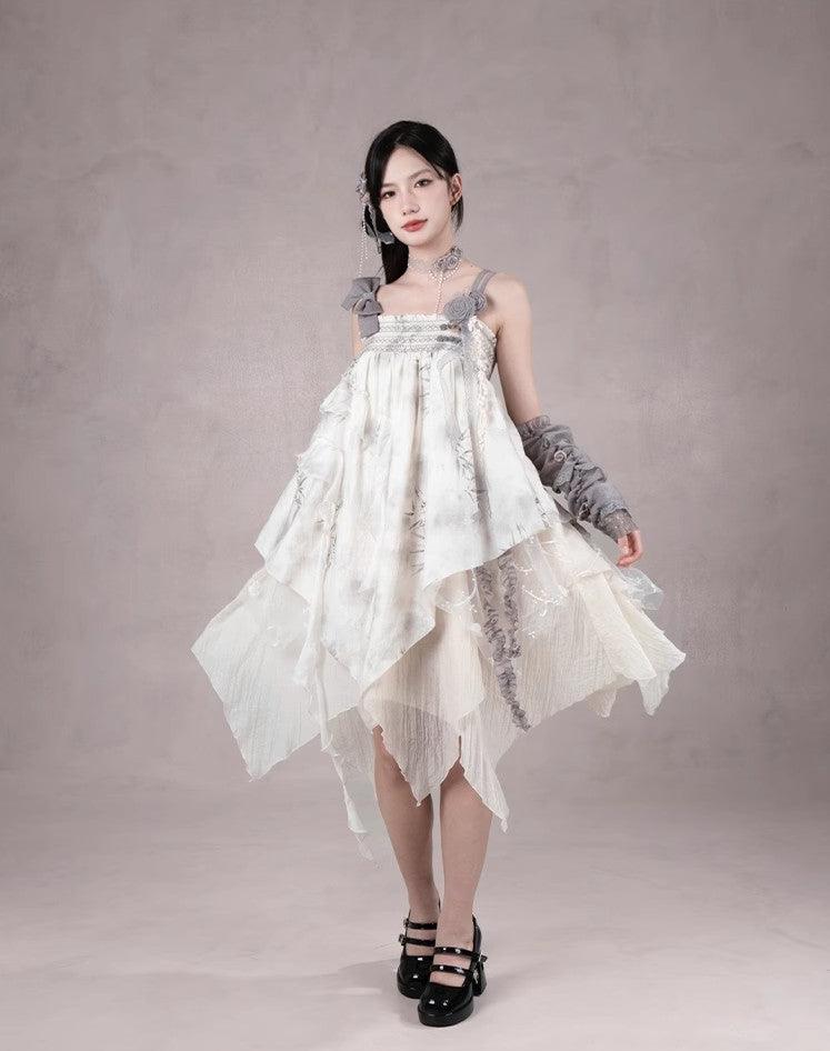 Irregular hem floral Lolita ink painting style jumper skirt