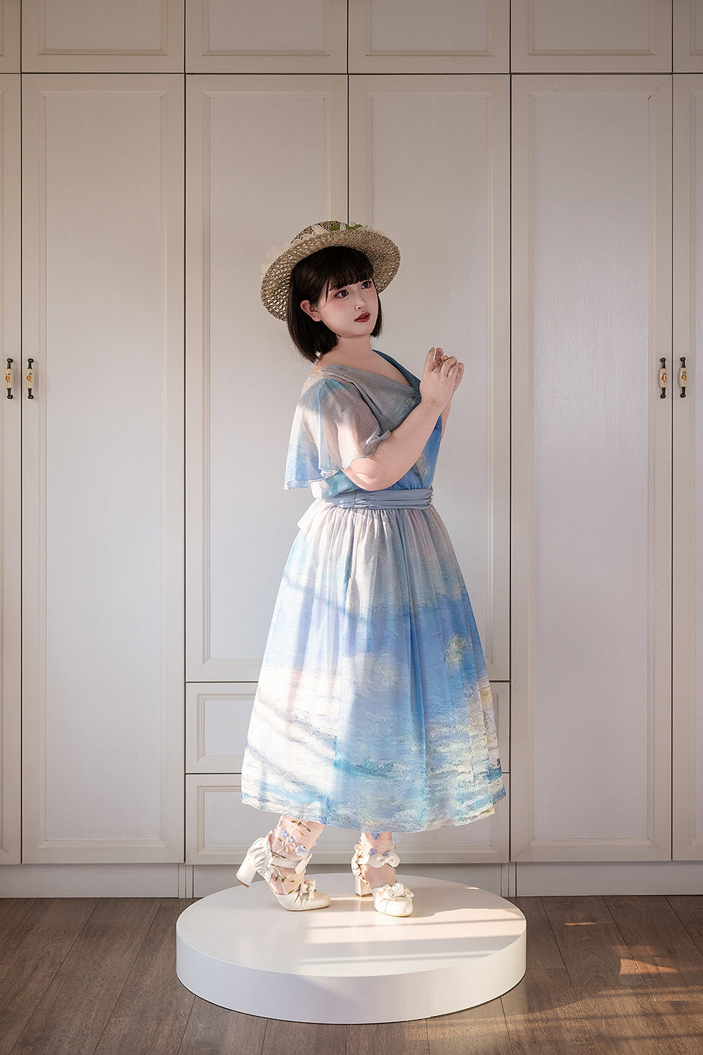 【予約販売】Elegance Greek 油彩画風プリントフレアスリーブジャンパースカート・新色