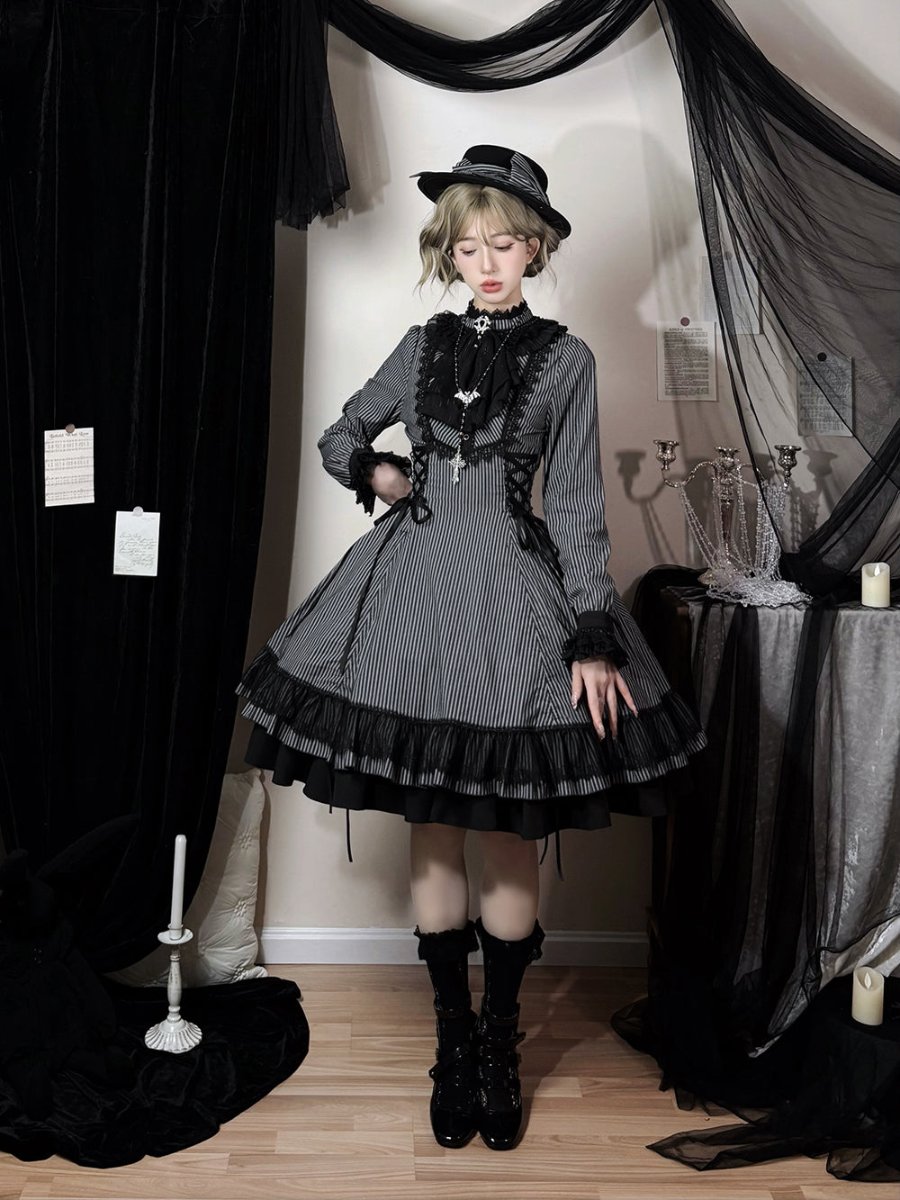 【受注予約1/7まで】領主貴族のゴスロリ スタンドカラーワンピース 縦縞タイプ・新色