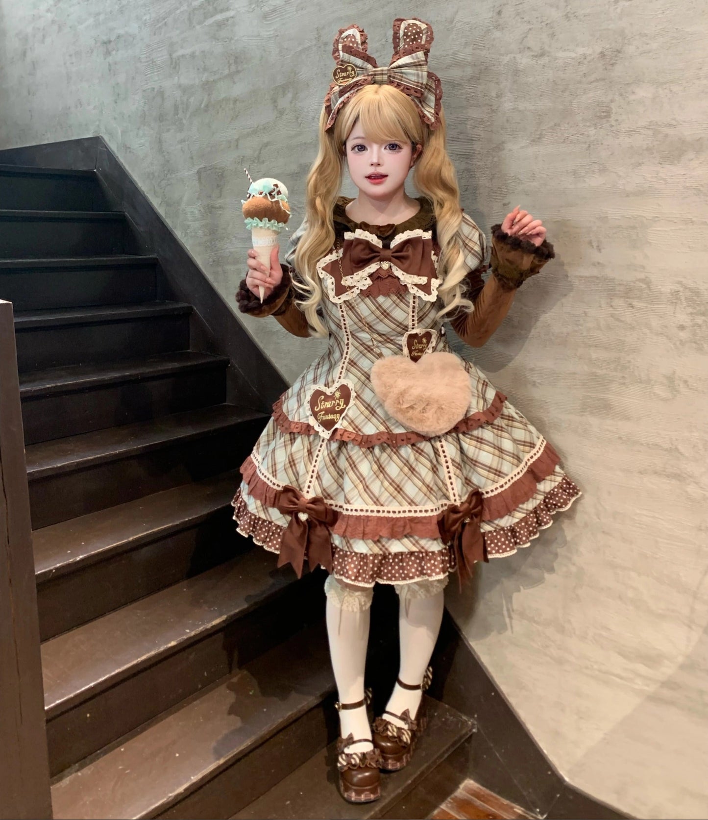 【受注予約11/13まで】Velvet Sweetie Heart チェックの半袖ワンピース・ブラウン