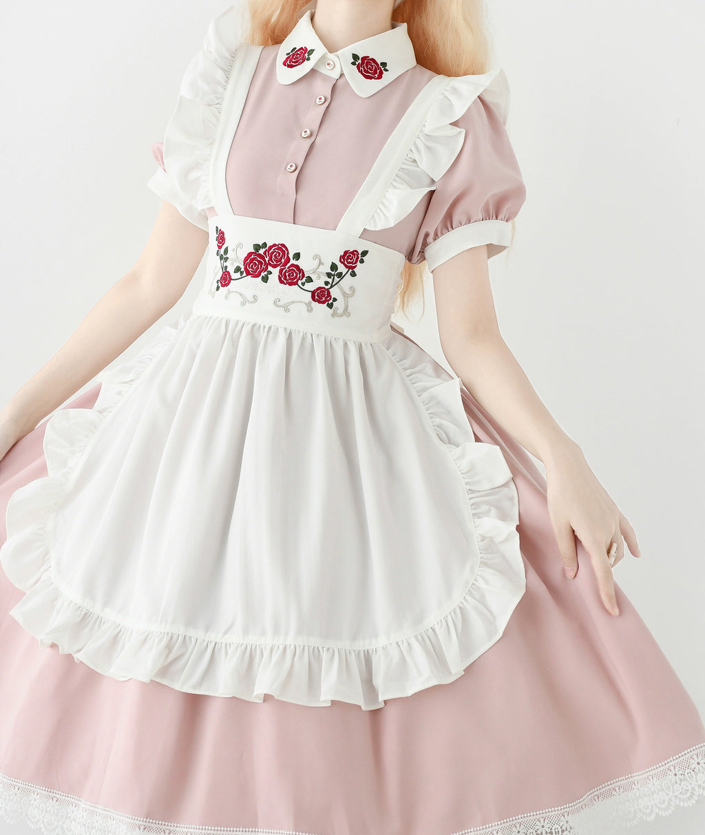 New color of maid-style dress with red rose embroidery and apron