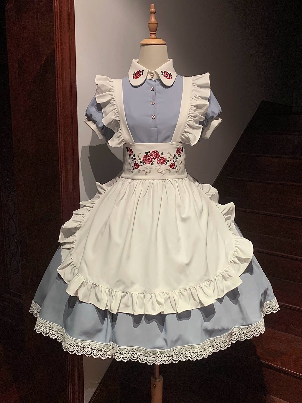 Maid-style dress with red rose embroidery and apron