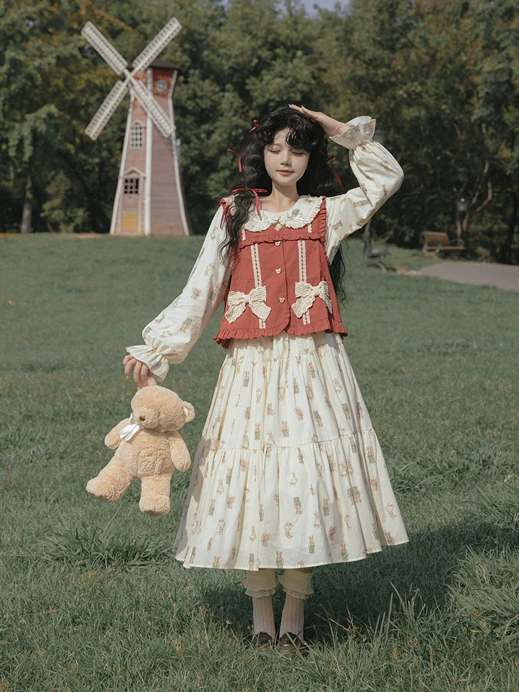 Retro Bear Red Vest and Candy Sleeve Dress
