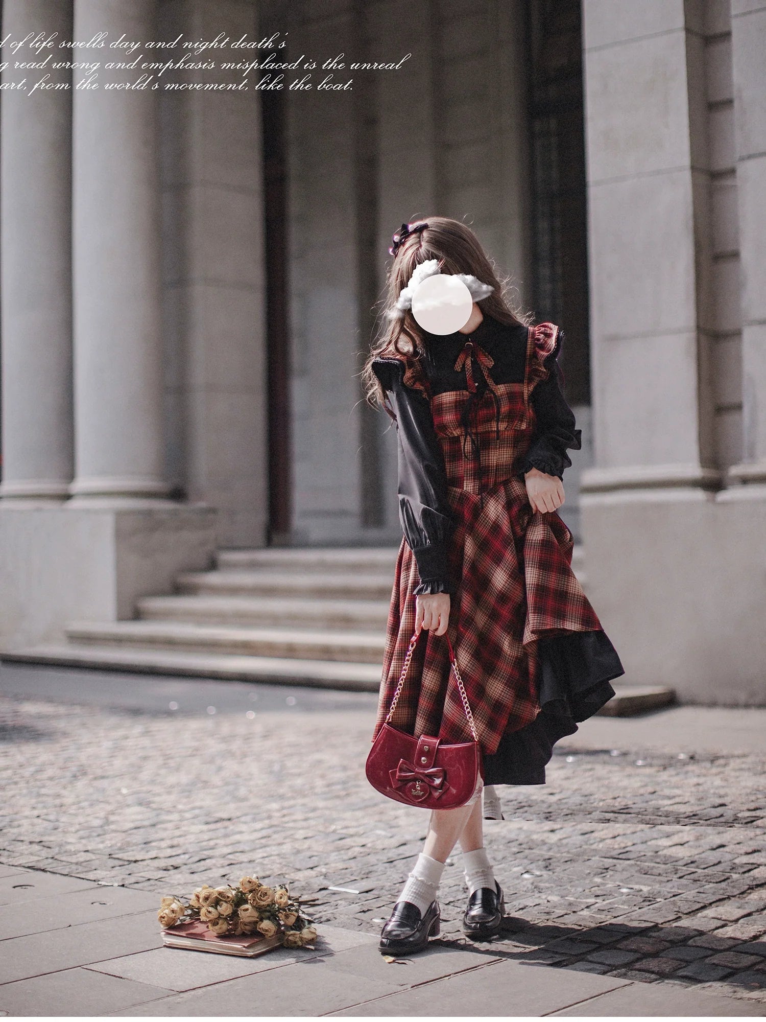 Red checked bicolor jumper skirt and black blouse