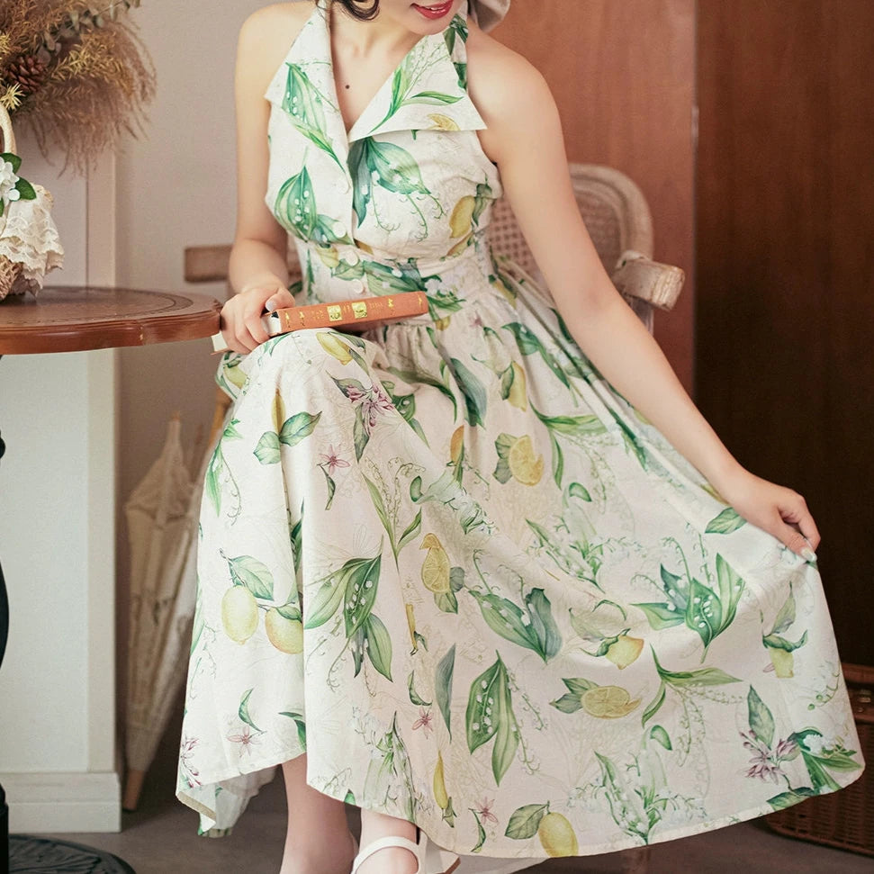 Afternoon Forest Retro Elegant Halter Neck Jumper Skirt with Hair Accessory