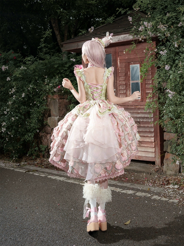 【受注予約6/18まで】Peacock Feather ミニドレス・ピンク×グリーン