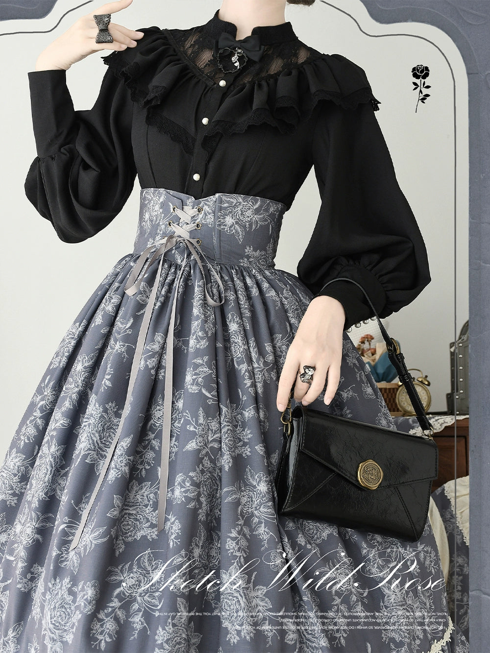 【予約販売】Sketch Wild Rose フリルスタンドカラーブラウス