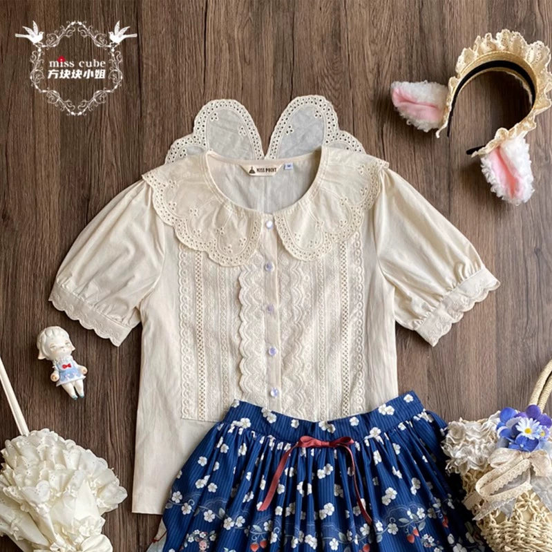 Sweetie Sheep Cutwork Lace Short Sleeve Blouse