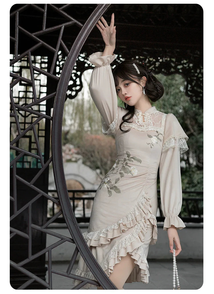 White camellia Chinese dress style one-piece