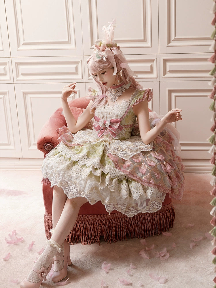 【受注予約6/18まで】Peacock Feather ミニドレス・ピンク×グリーン