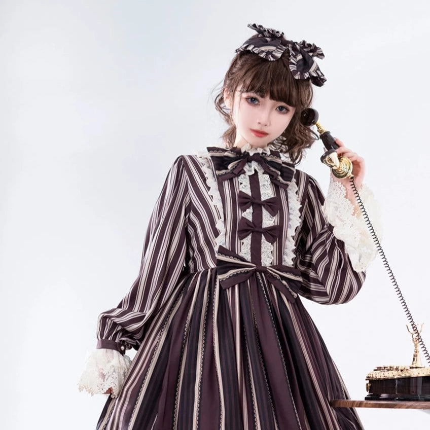 [Sale period ended] Stripes Story Brown dress with ribbon hair accessory