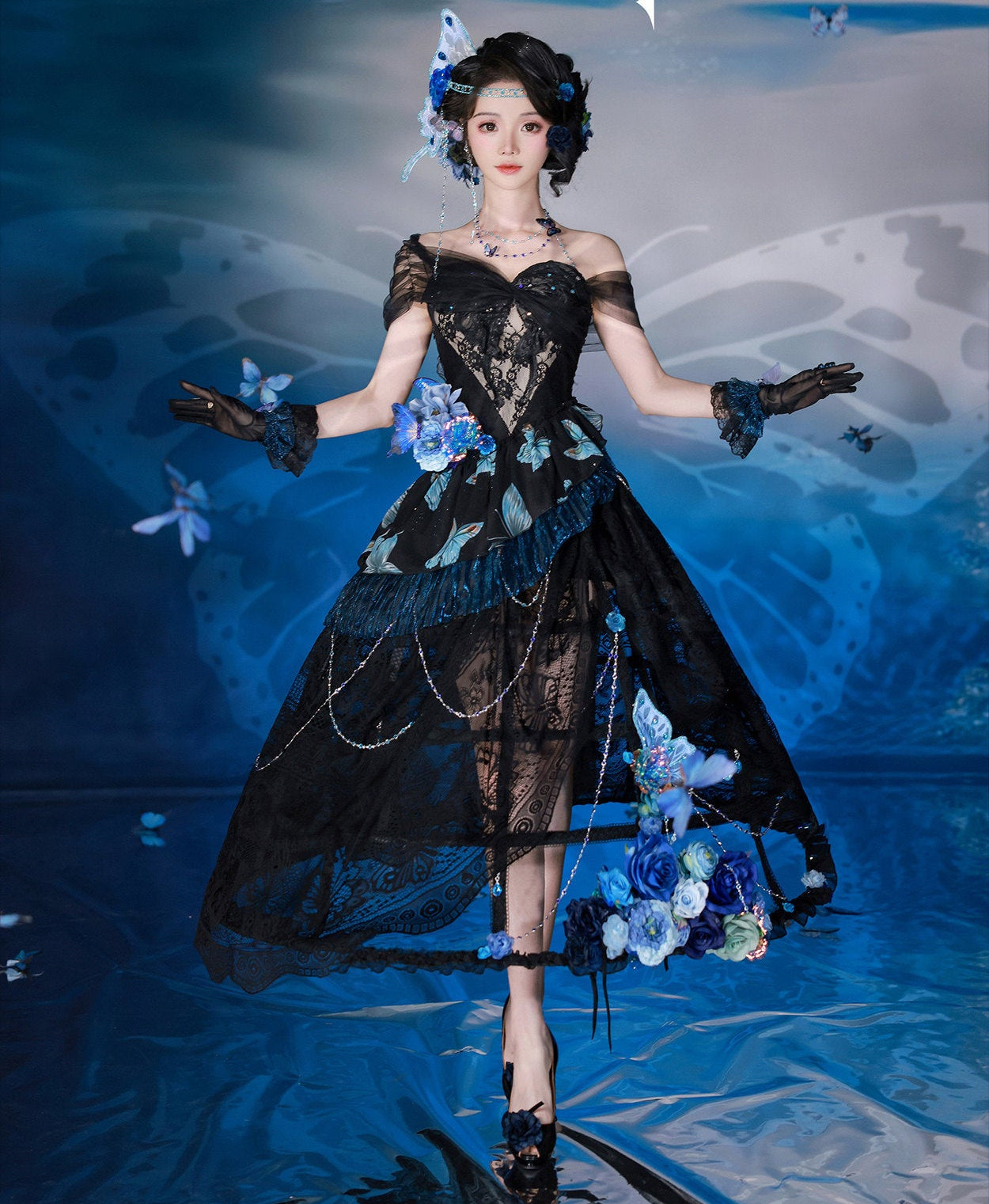 【受注予約12/29まで】夜吻蝶舞  ドレス＋鳥かごパニエセット