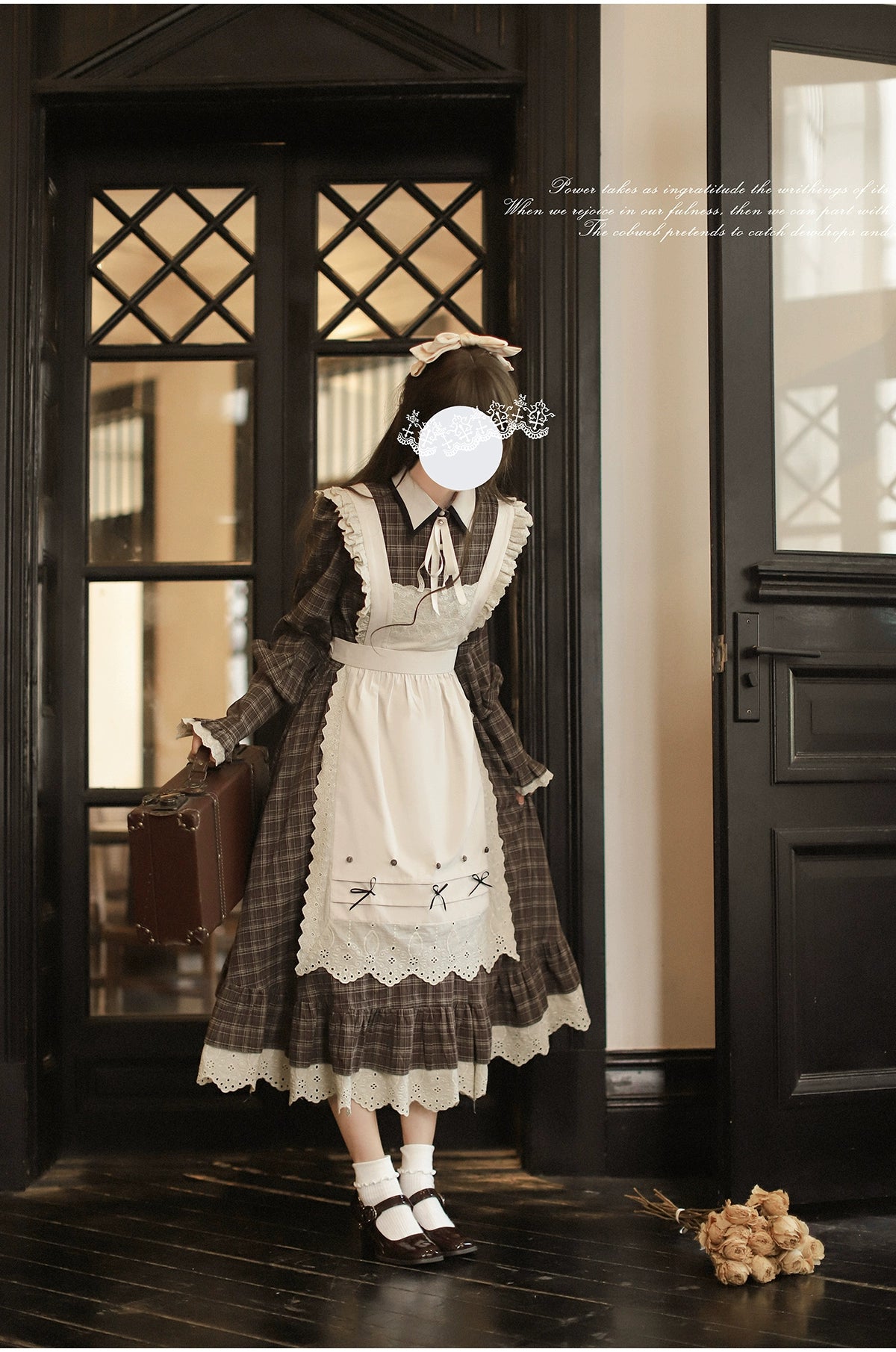 [Pre-order] Brown check retro dress with apron