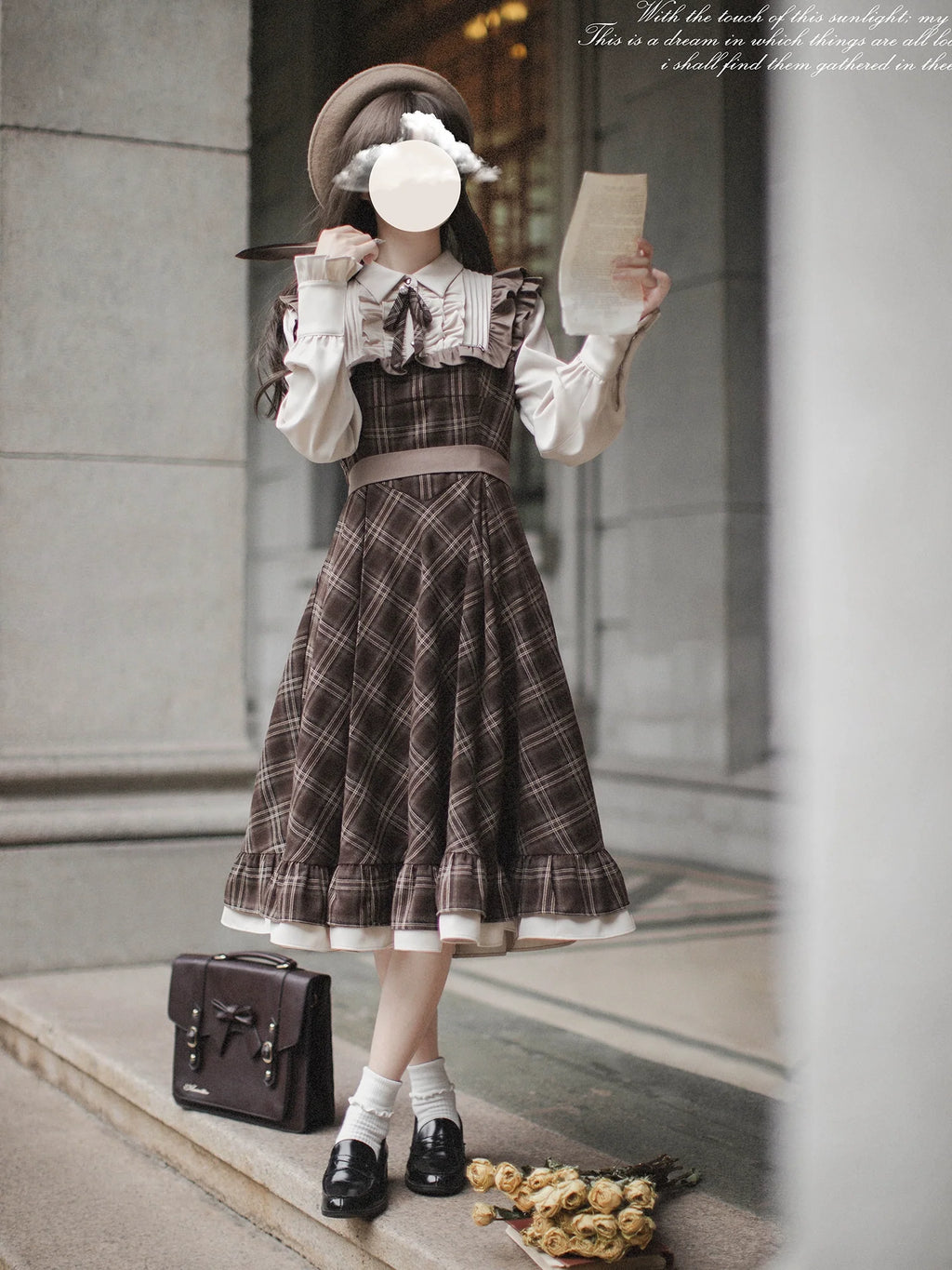 Tartan plaid pattern switching dress with ribbon tie