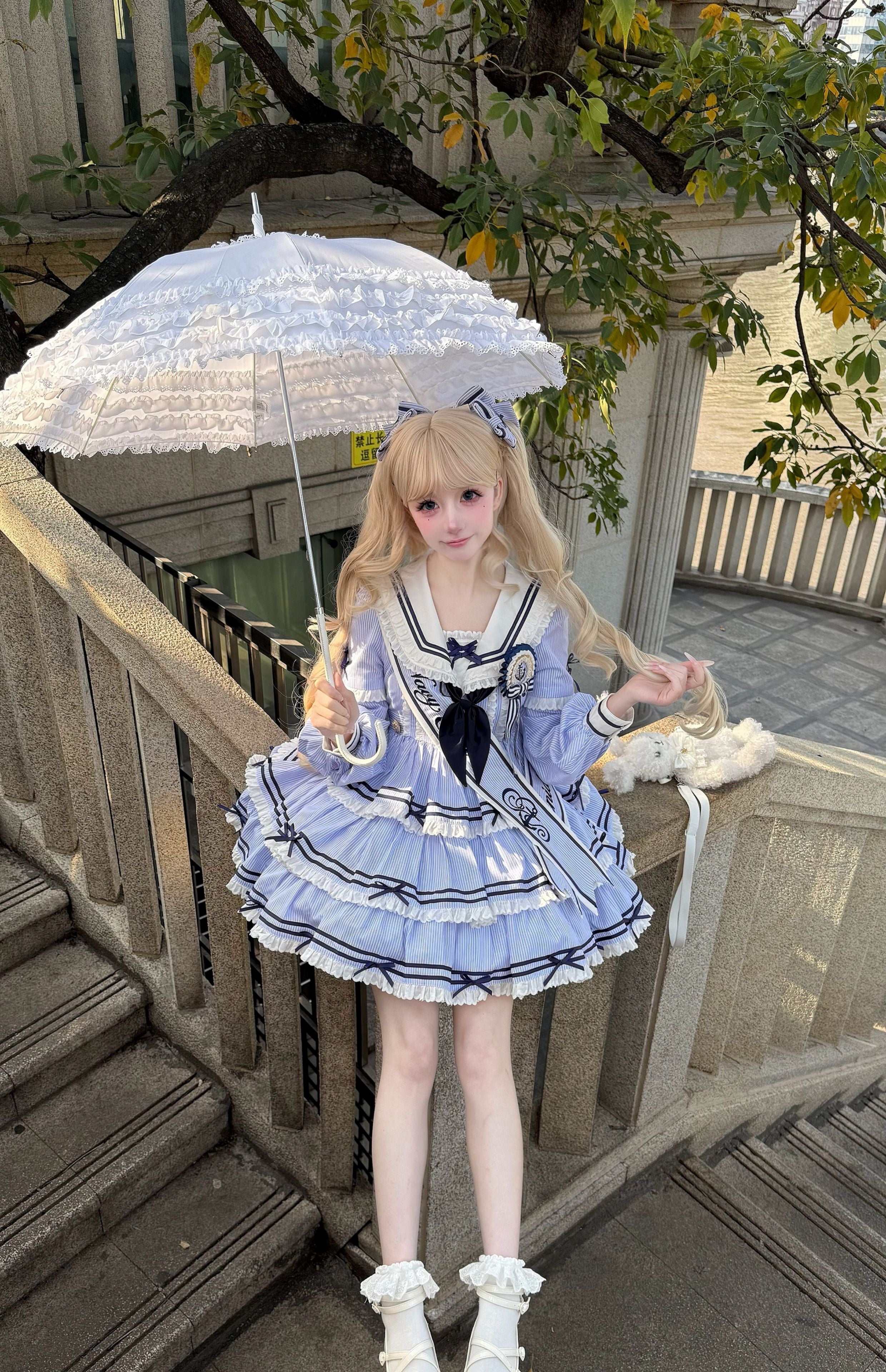 【受注予約4/28まで】セーラー襟と3段フリルの2wayマリンワンピース・ストライプ・ショート丈