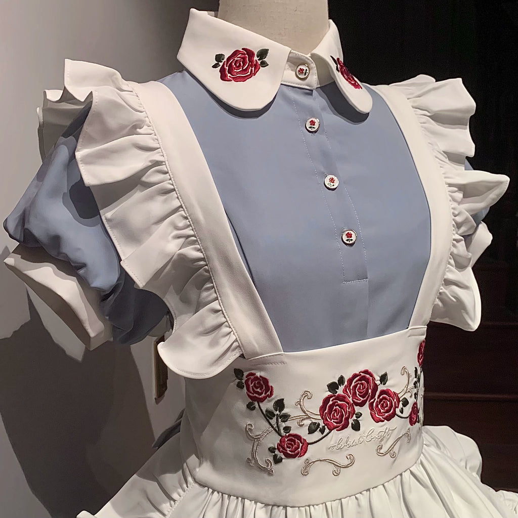 Maid-style dress with red rose embroidery and apron