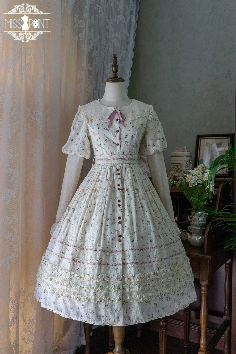 【予約販売】Pink Flower 小花模様のボタン付コットンワンピース