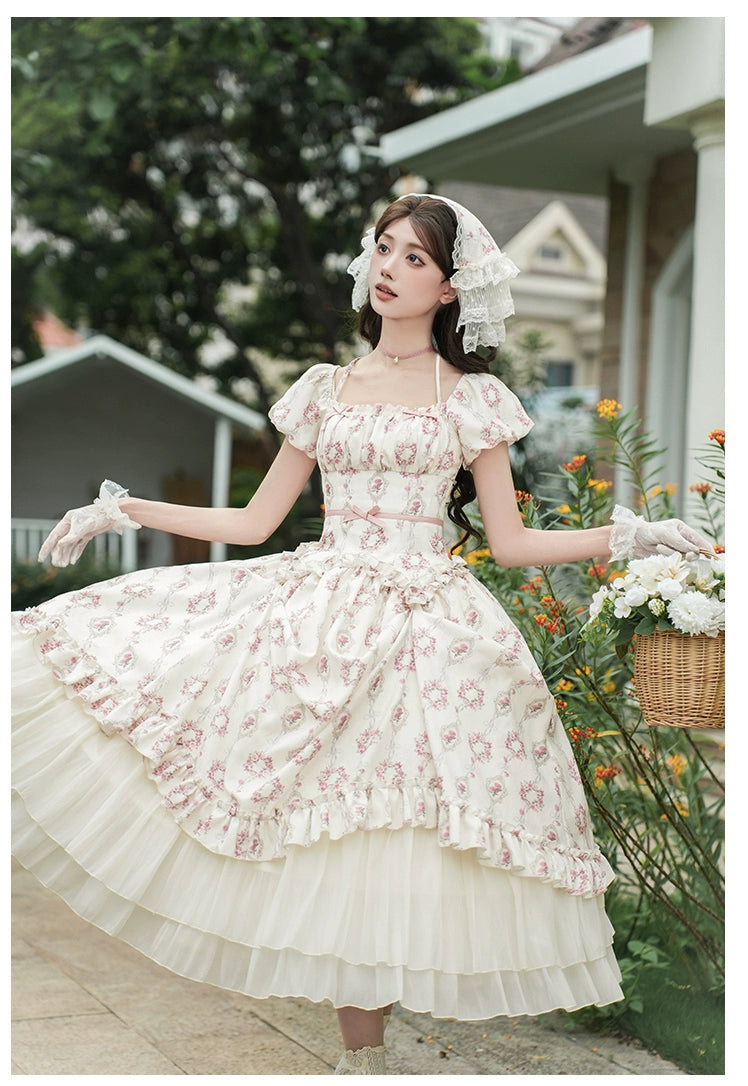 雨上がりの薔薇 プリントワンピース・ロング丈