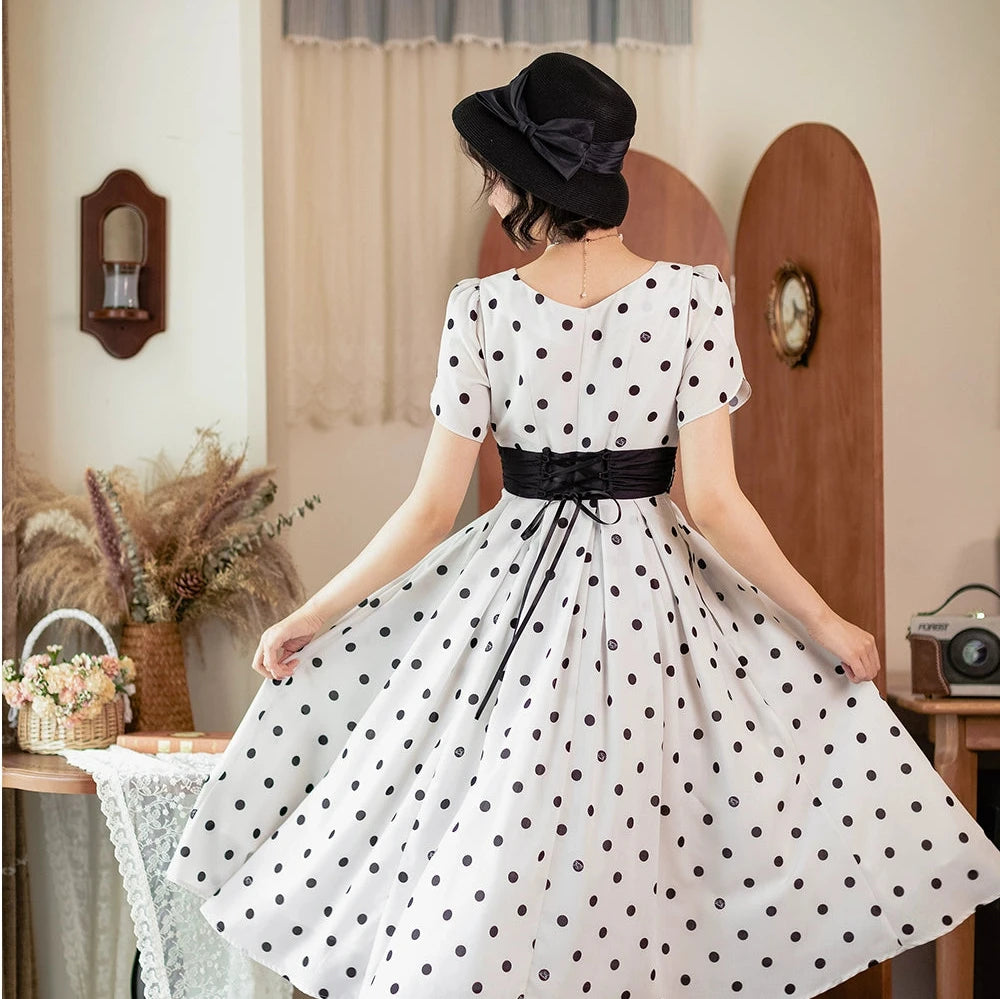 Afternoon Forest Retro Elegant Ribbon Dress with Hair Accessory