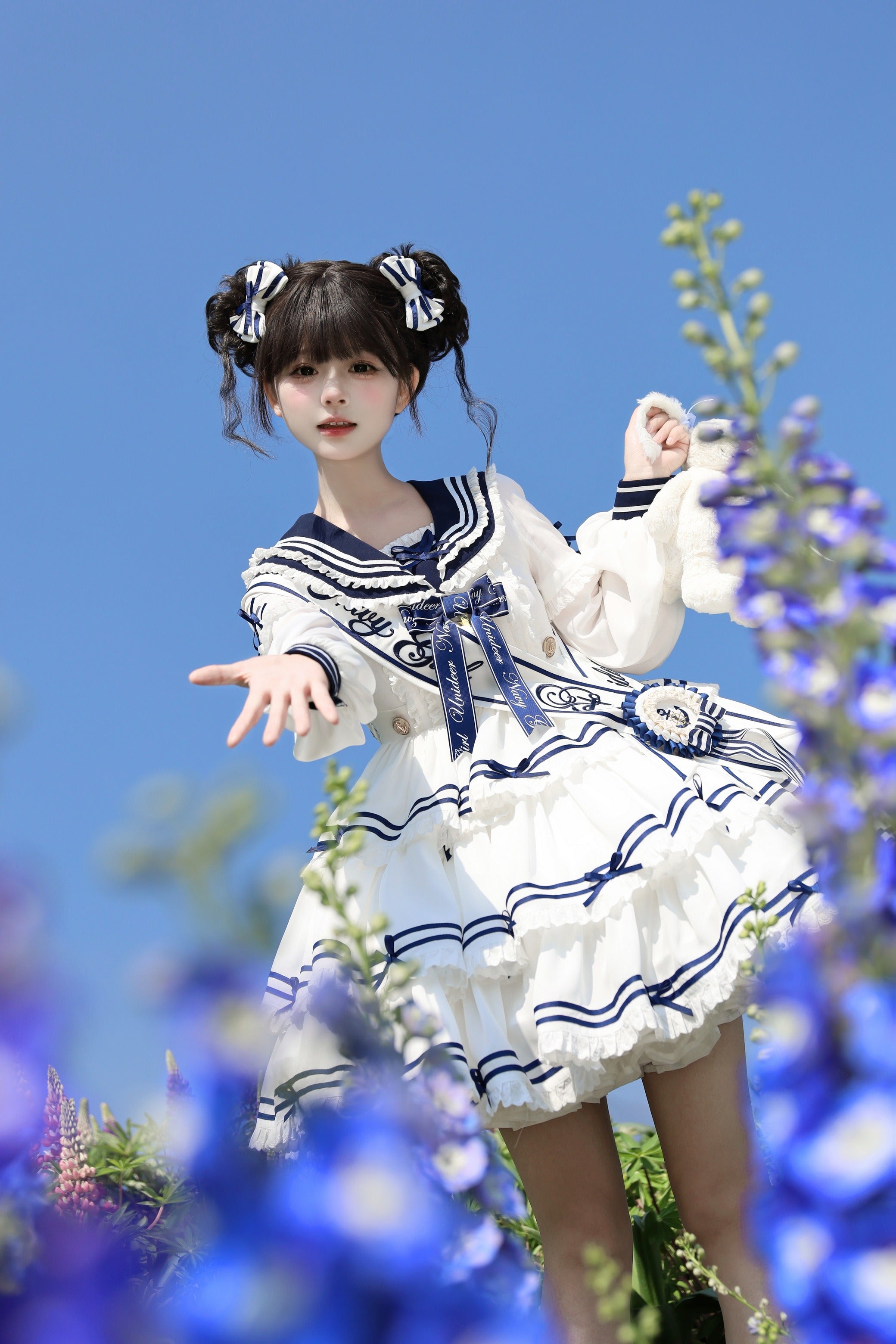 【受注予約4/28まで】セーラー襟と3段フリルの2wayマリンワンピース・ホワイト・ショート丈