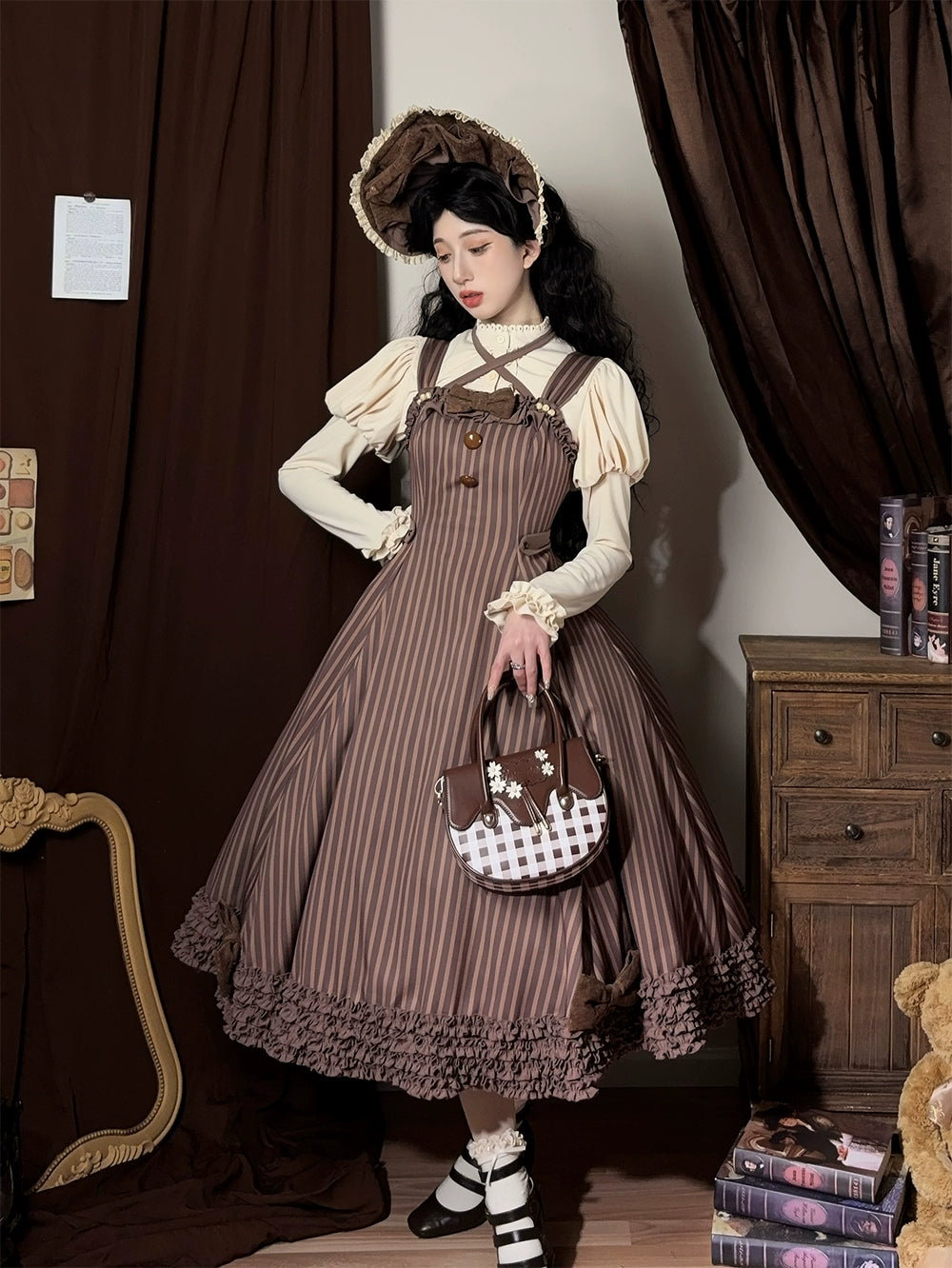 【予約販売】Classic Chocolat Stripe ストライプジャンパースカート・ロング丈