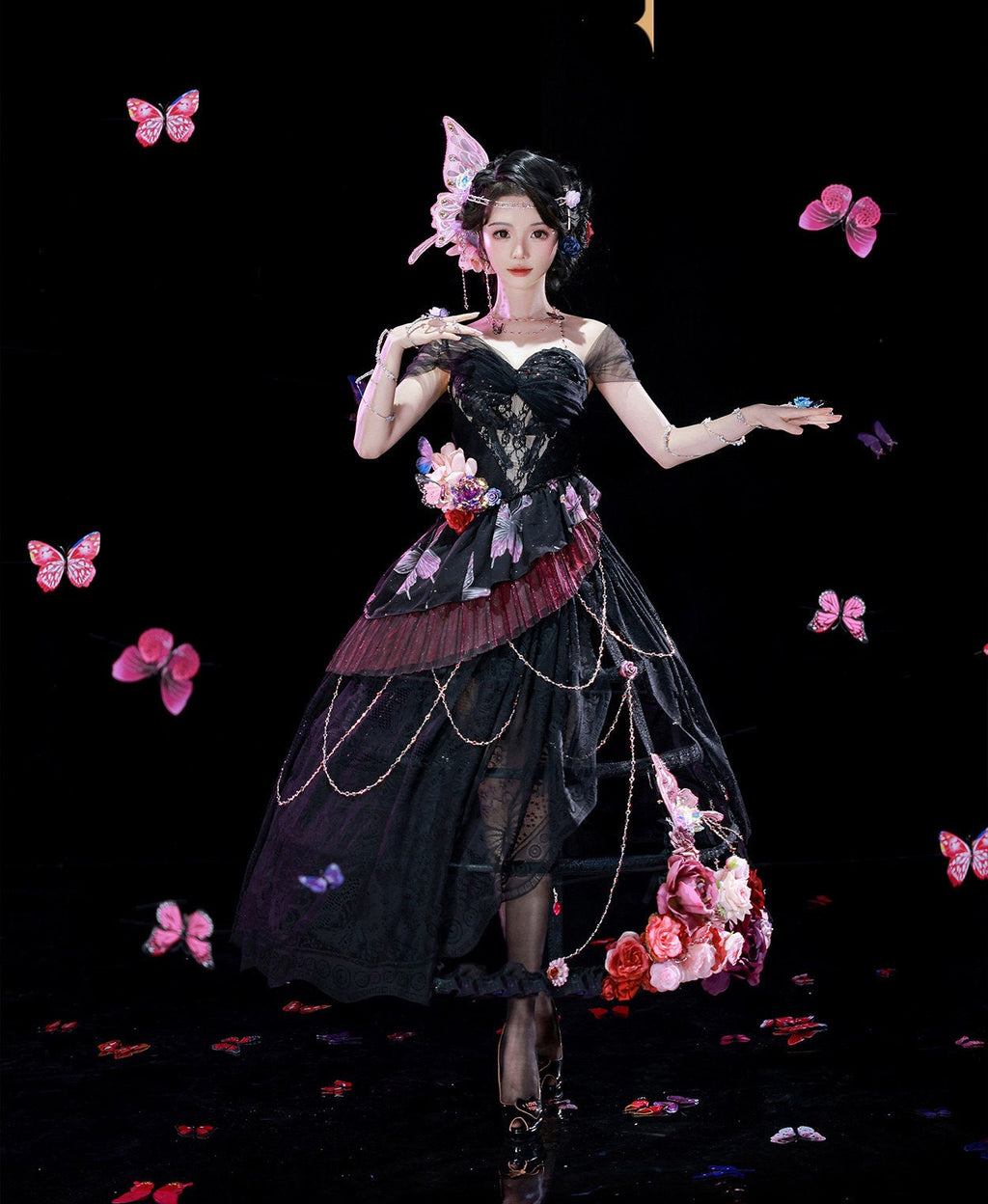 【受注予約12/29まで】夜吻蝶舞  ドレス＋鳥かごパニエセット