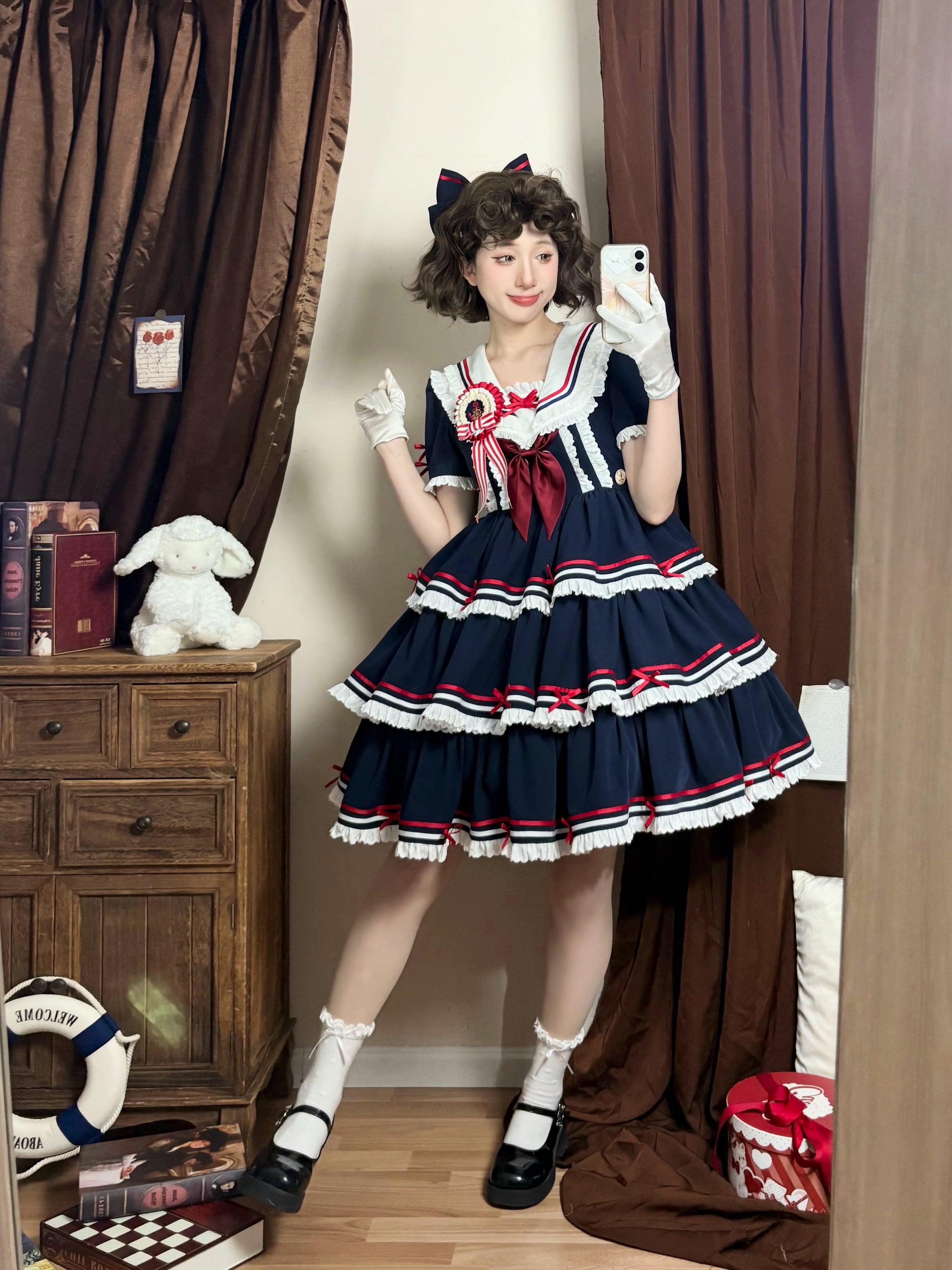 【受注予約4/28まで】セーラー襟と3段フリルの2wayマリンワンピース・ネイビー・ミドル丈