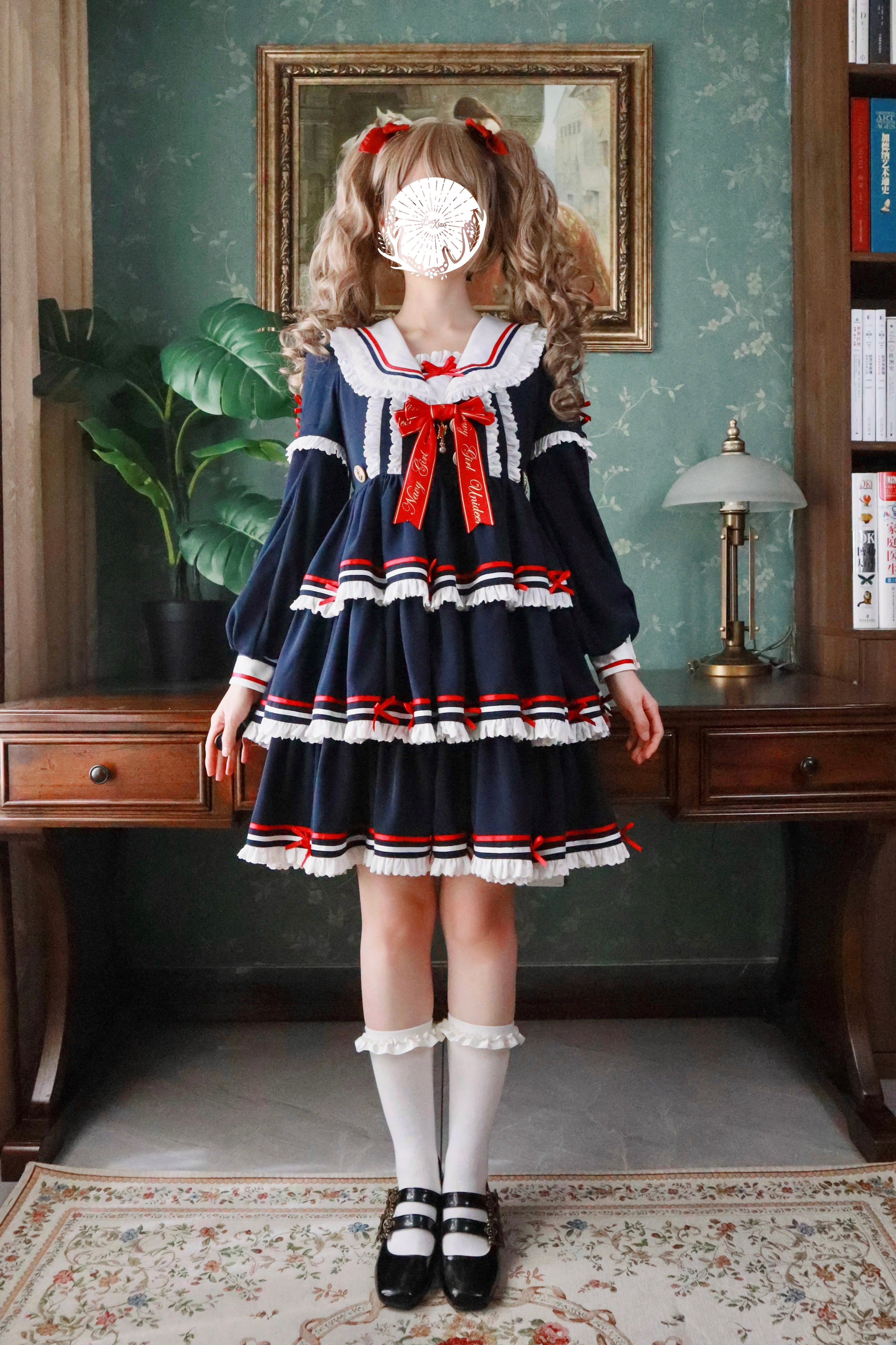 【受注予約4/28まで】セーラー襟と3段フリルの2wayマリンワンピース・ネイビー・ミドル丈