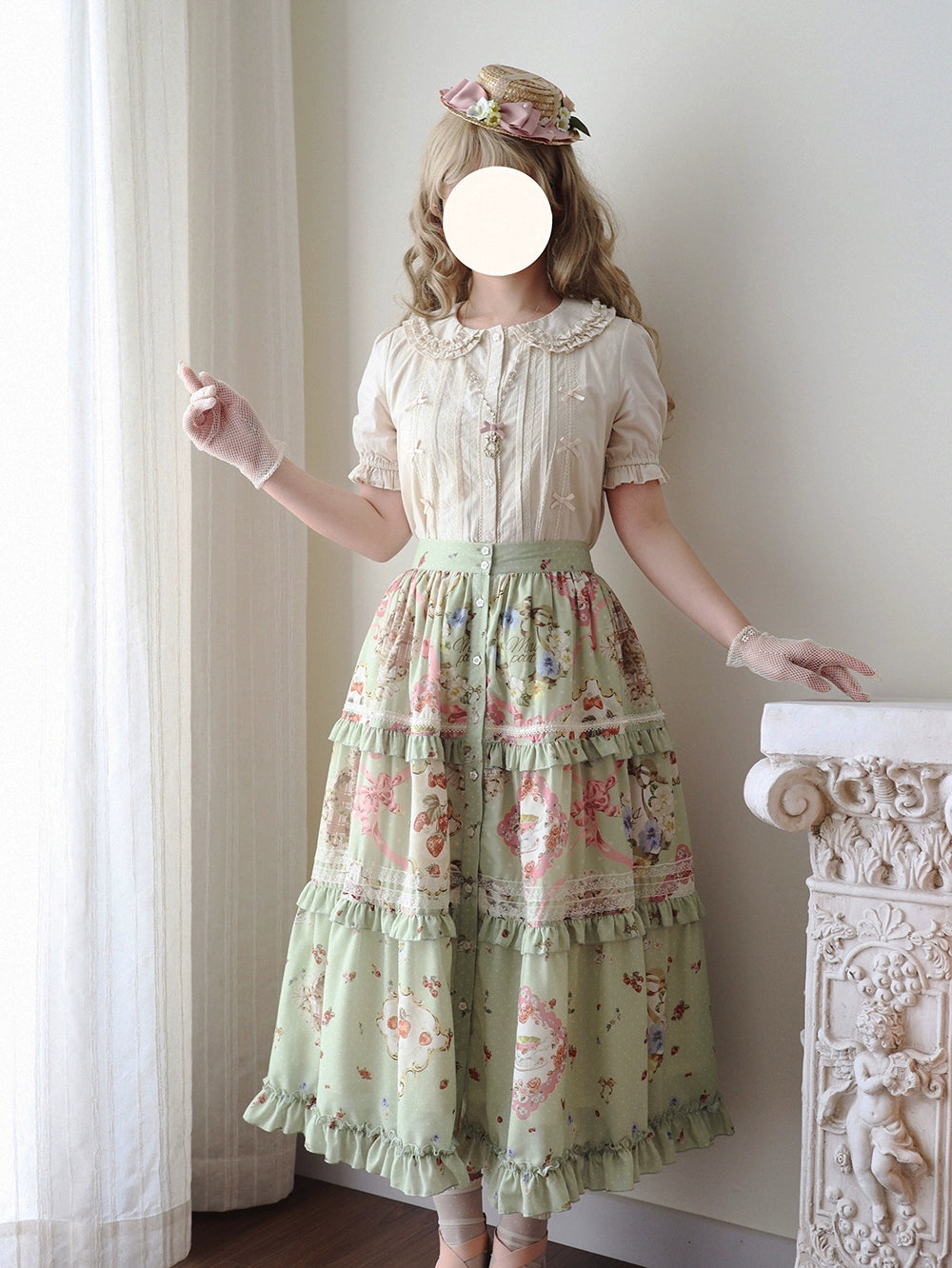 [Pre-order] Cat Rose Tea Party Long Skirt with Front Opening, Flat Type