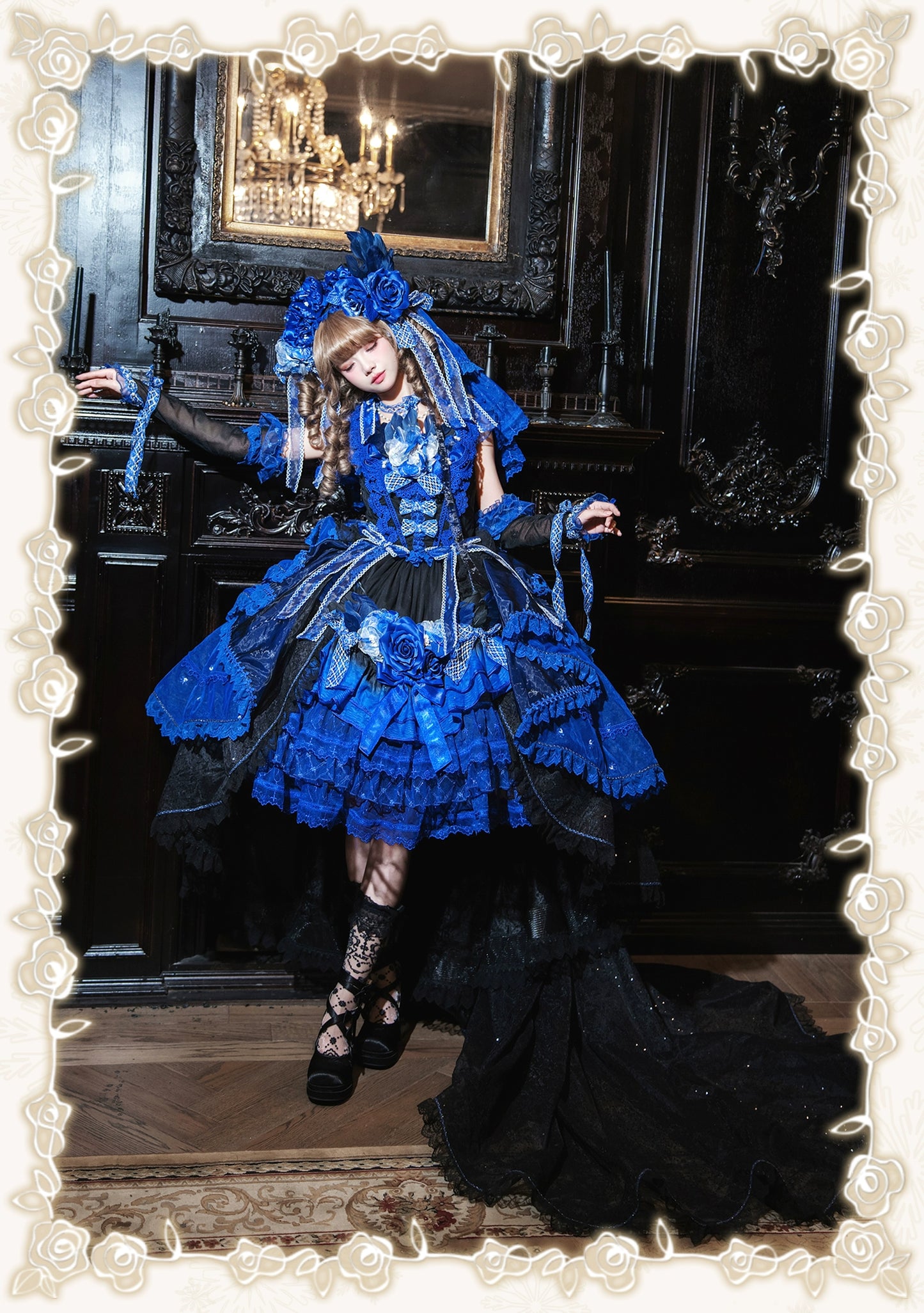 【受注予約8/13まで】Snow Rose Princess トレーン付きドレス・ブルー×ブラック（シルバー）