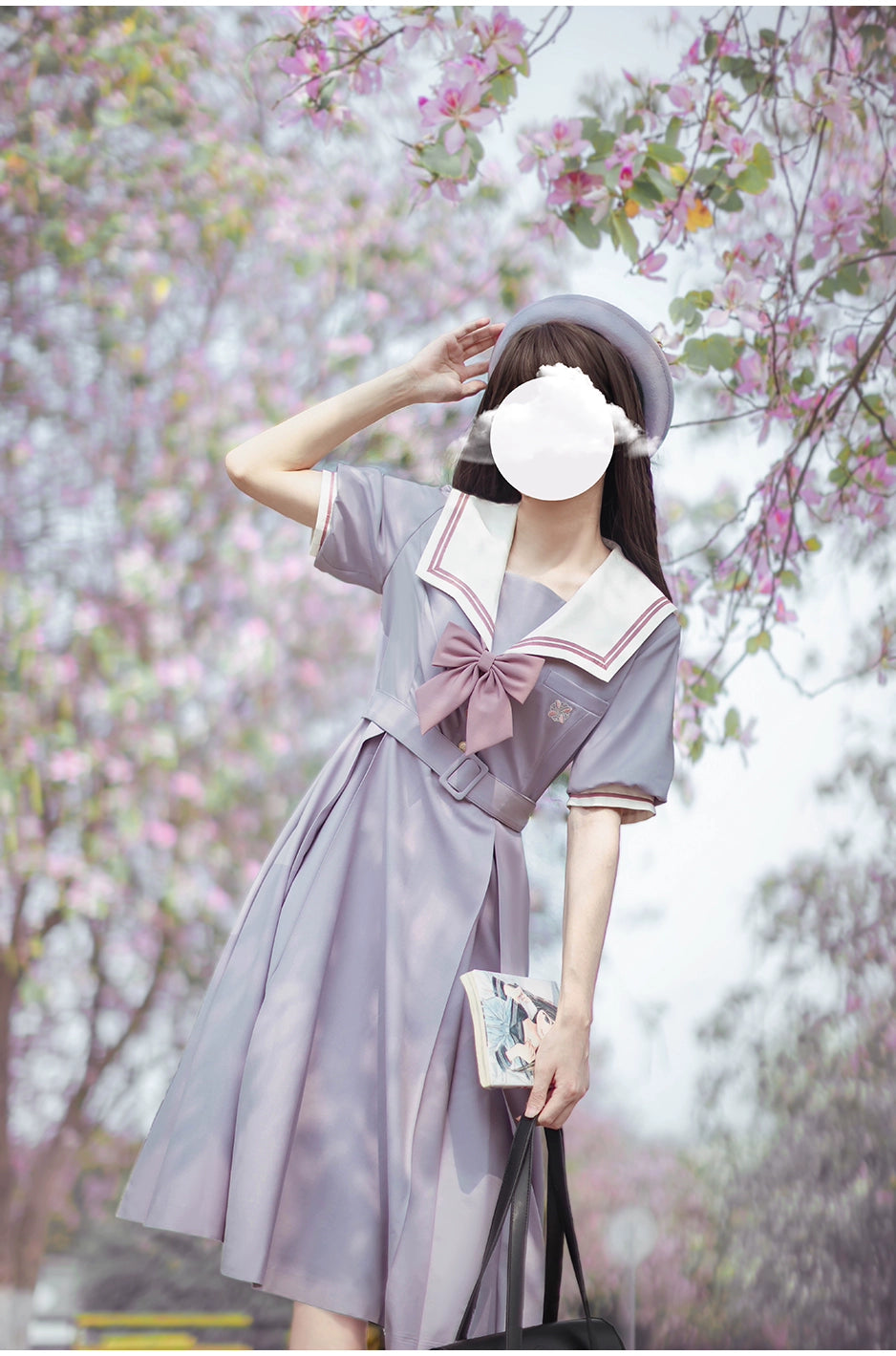 Misty Vine Wisteria Sailor Collar Short Sleeve Dress