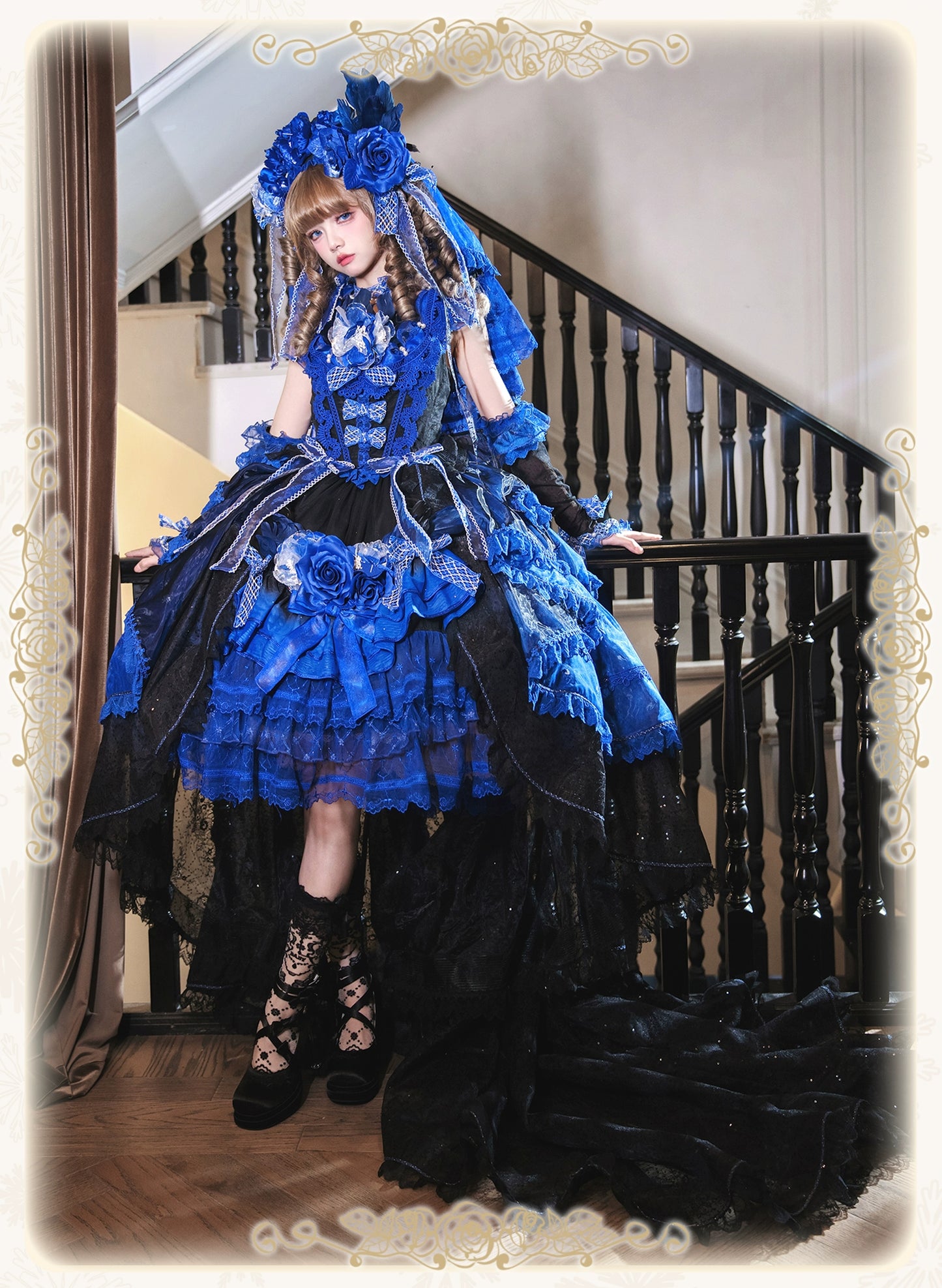 【受注予約8/13まで】Snow Rose Princess トレーン付きドレス・ブルー×ブラック（シルバー）