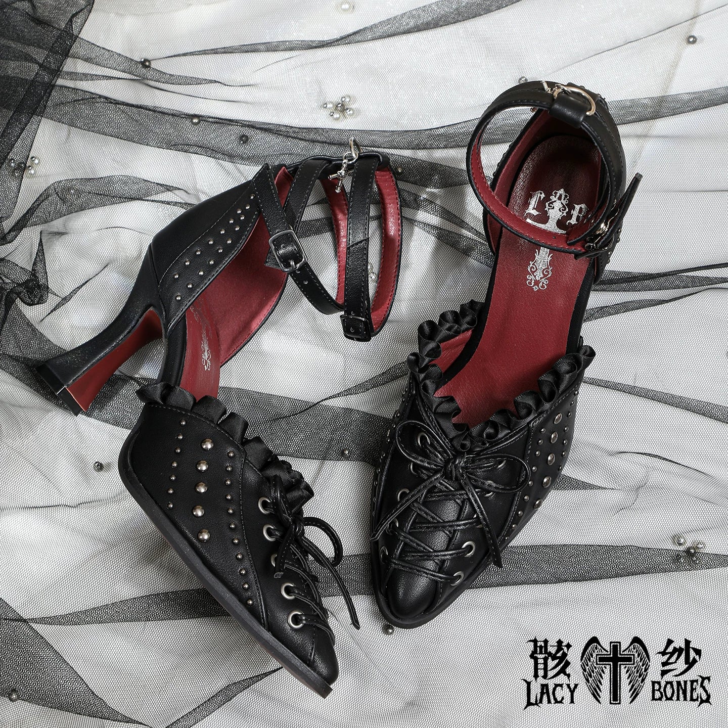 【Twilight Stud Vow】鋲×レース ダークゴシックポインテッドトゥパンプス