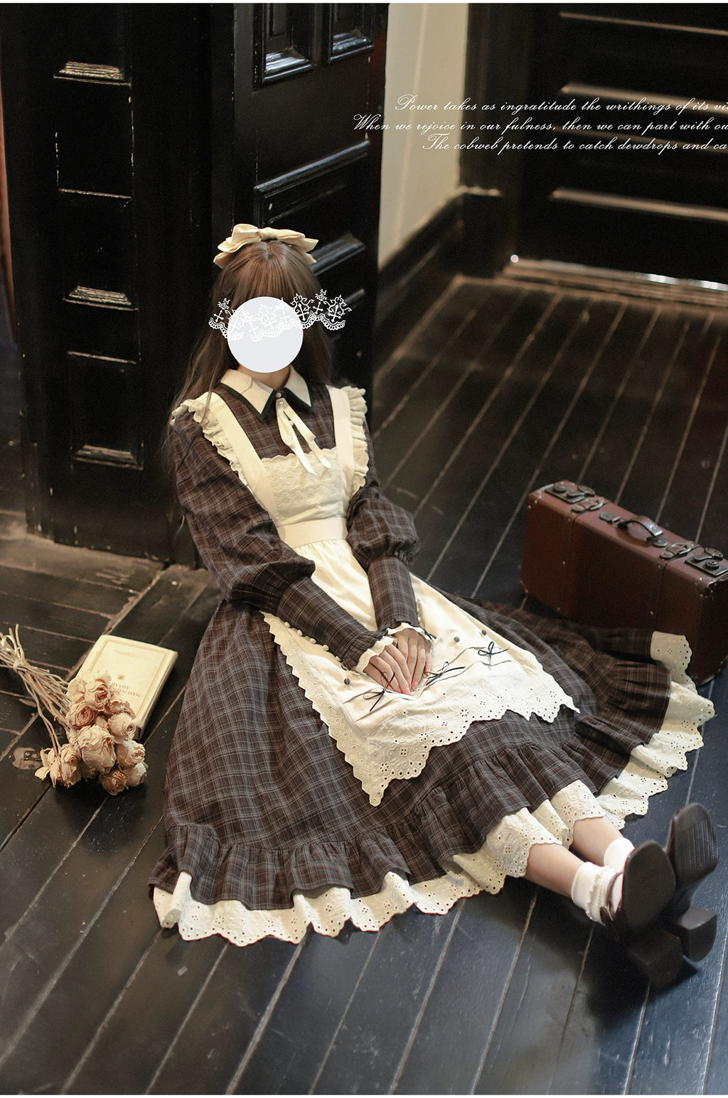 [Pre-order] Brown check retro dress with apron