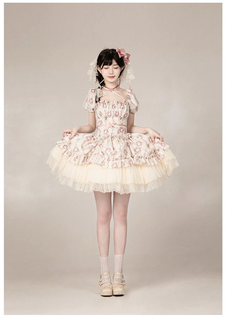 雨上がりの薔薇 プリントワンピース・ショート丈