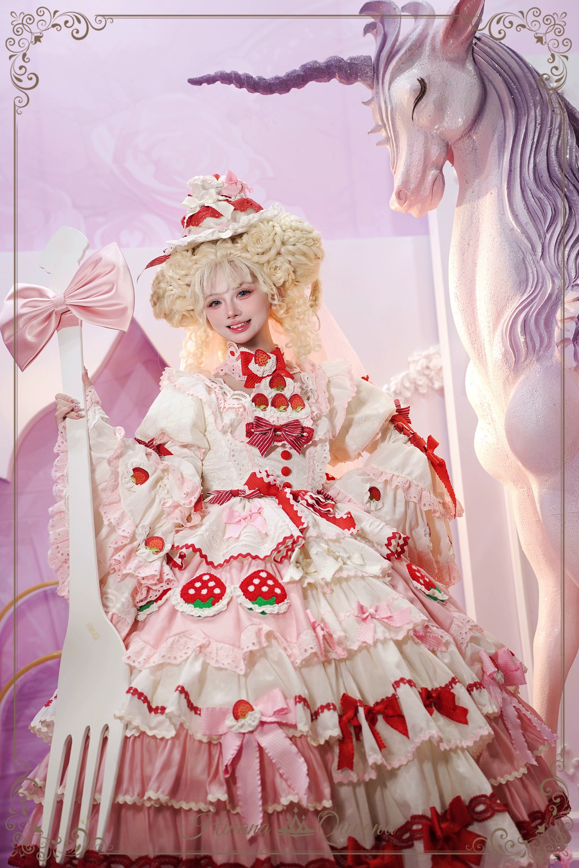 Strawberry Party リボンとフリルのデコレーションドレス・姫袖タイプ