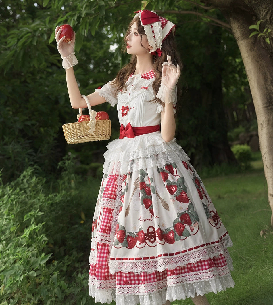 【受注予約8/18まで】Strawberry Sunshine Picnic  カントリー風ジャンパースカートとエプロン