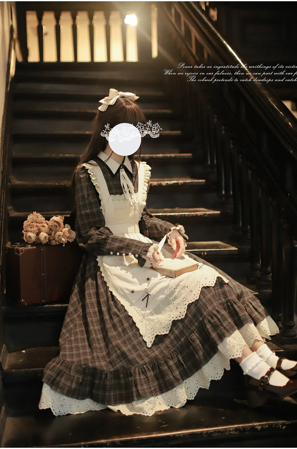 [Pre-order] Brown check retro dress with apron