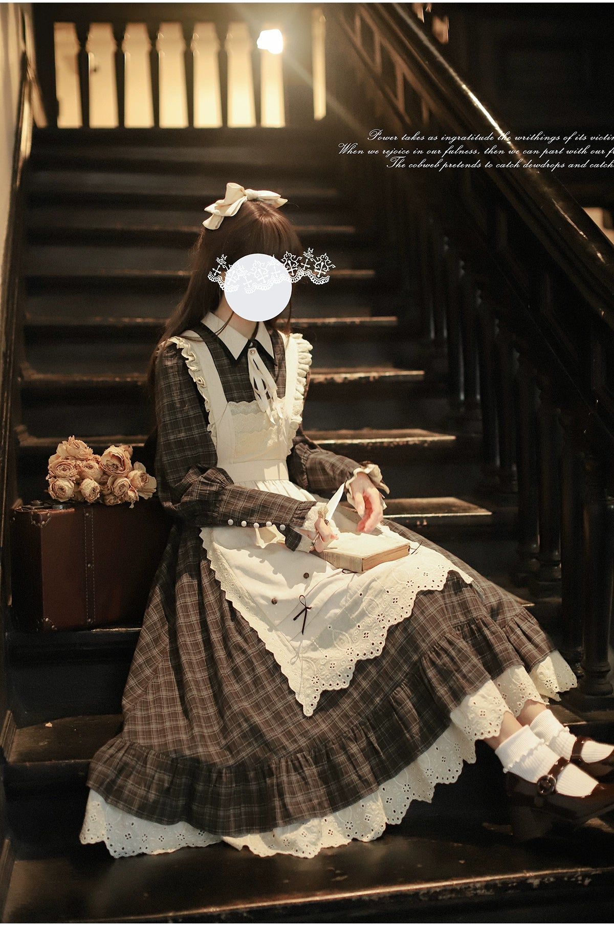 [Pre-order] Brown check retro dress with apron