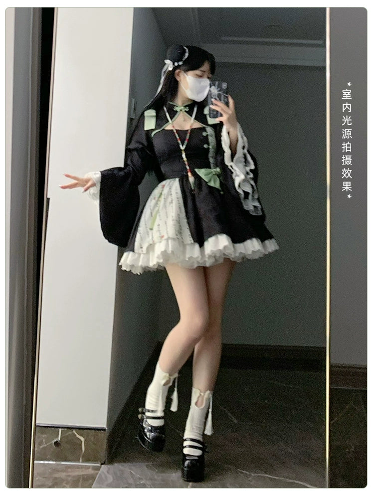 白緑 竹模様のマオカラーミニワンピース