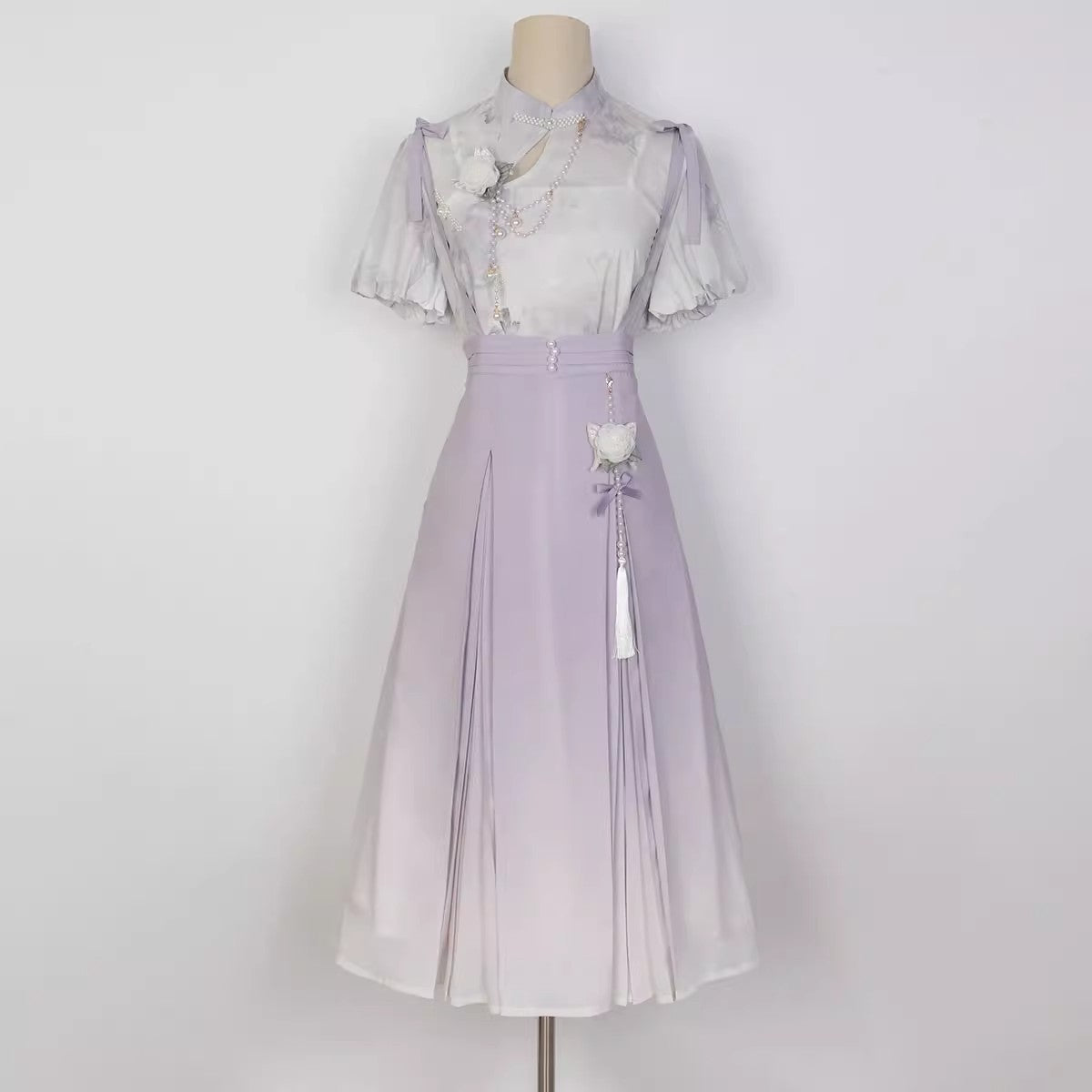 Pearl and Iris Flower Lolita Suspender Skirt and Sheer Blouse