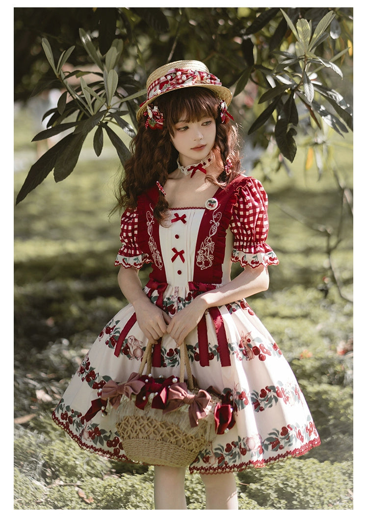 Midsummer Orchard Cherry and Rabbit Short Sleeve Dress