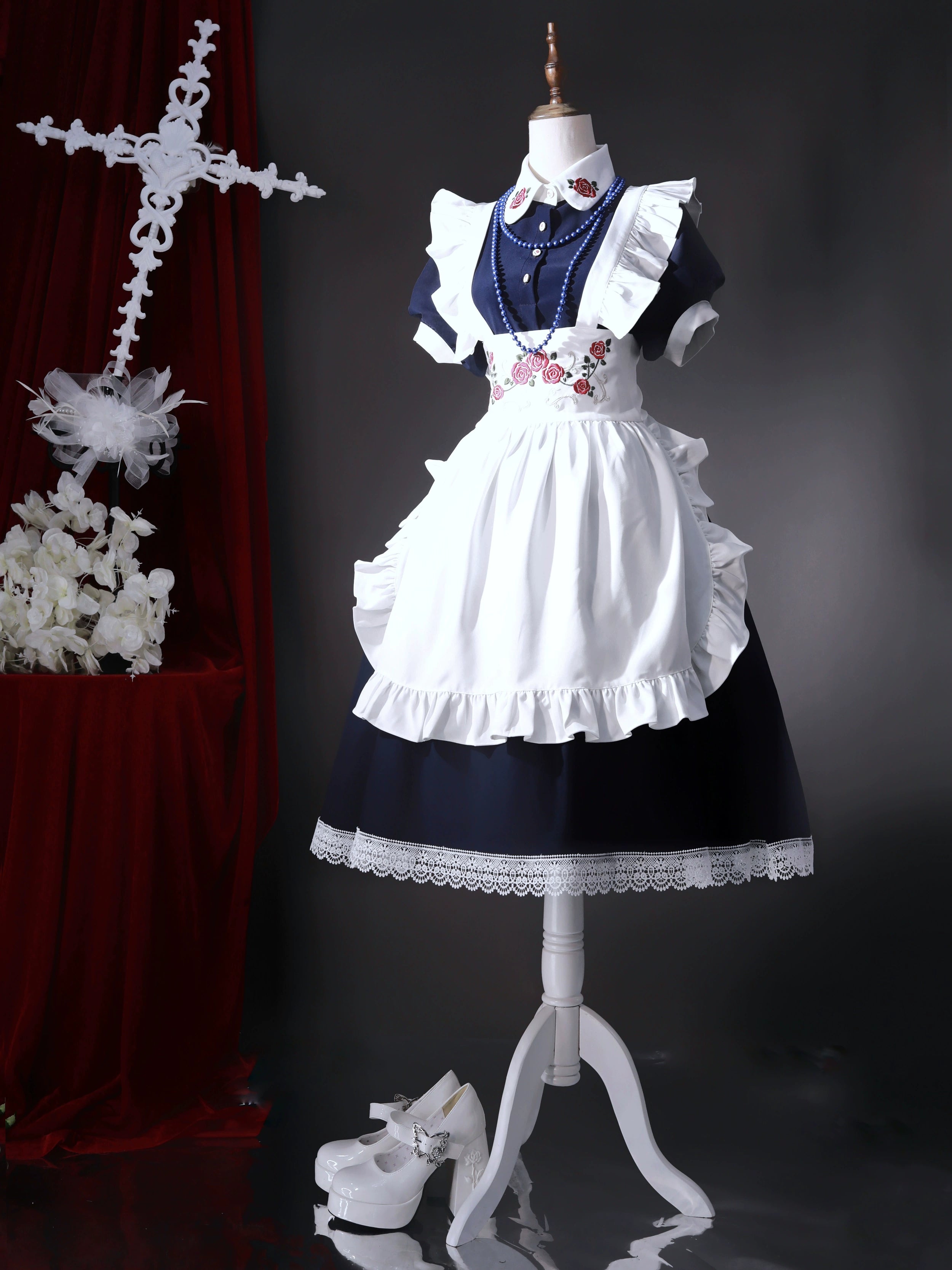 Maid-style dress with red rose embroidery and apron
