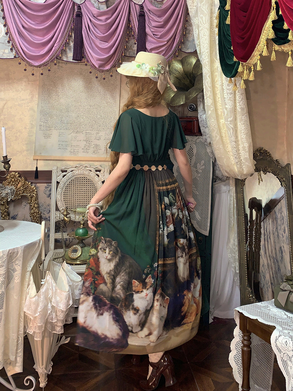 【予約販売】Elegance Greek 油彩画風プリントフレアスリーブジャンパースカート・新色