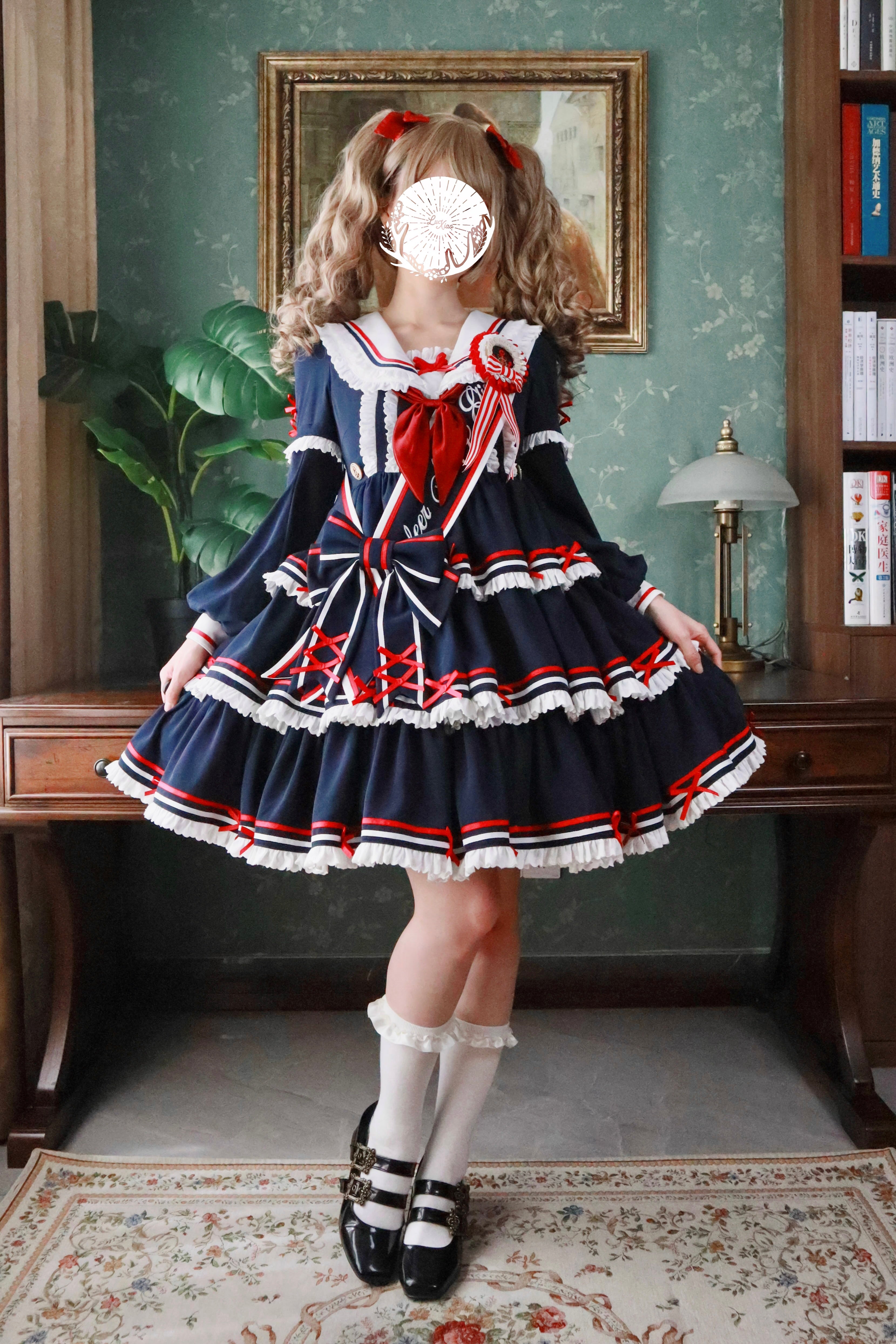 【受注予約4/28まで】セーラー襟と3段フリルの2wayマリンワンピース・ネイビー・ミドル丈