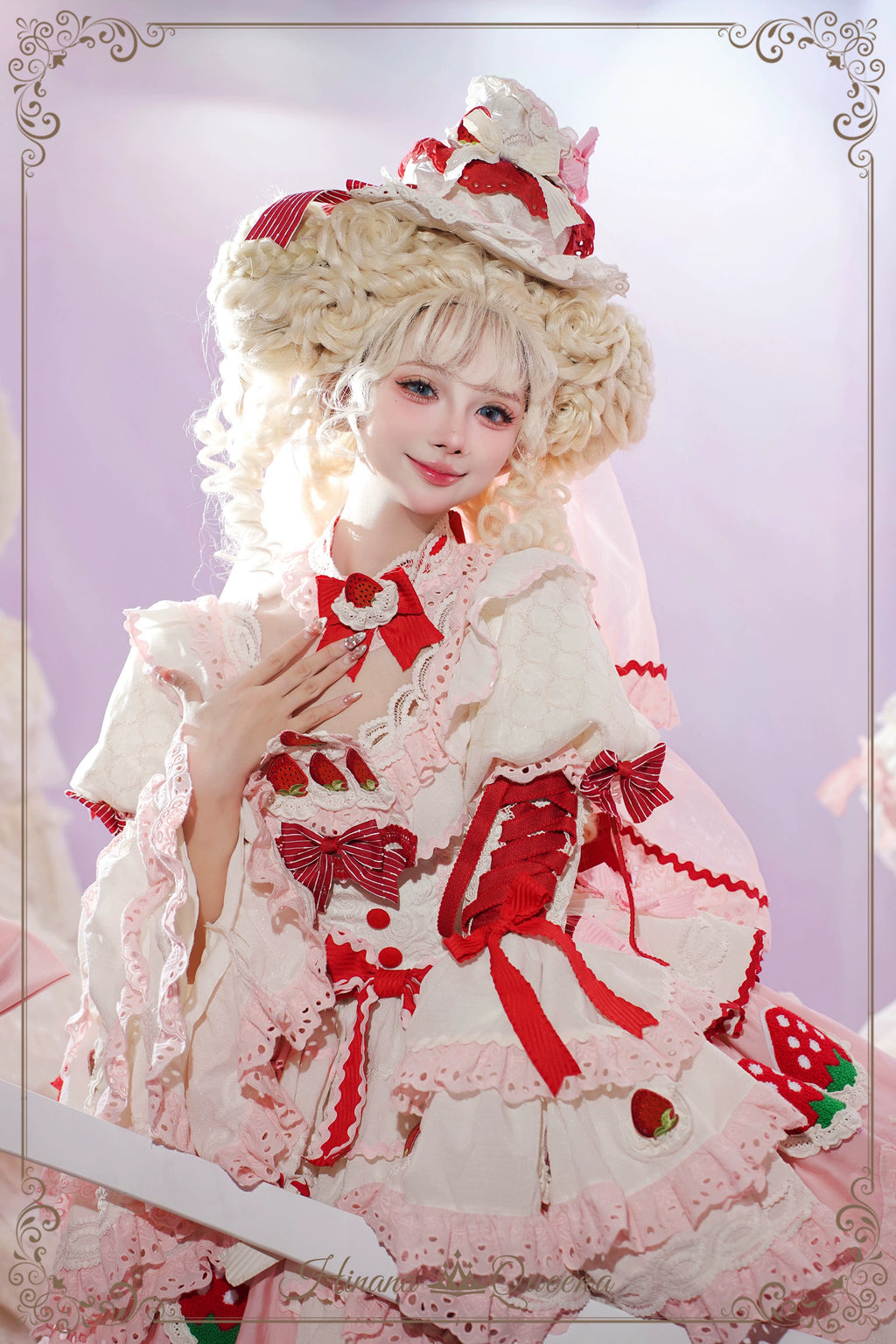 Strawberry Party リボンとフリルのデコレーションドレス・姫袖タイプ