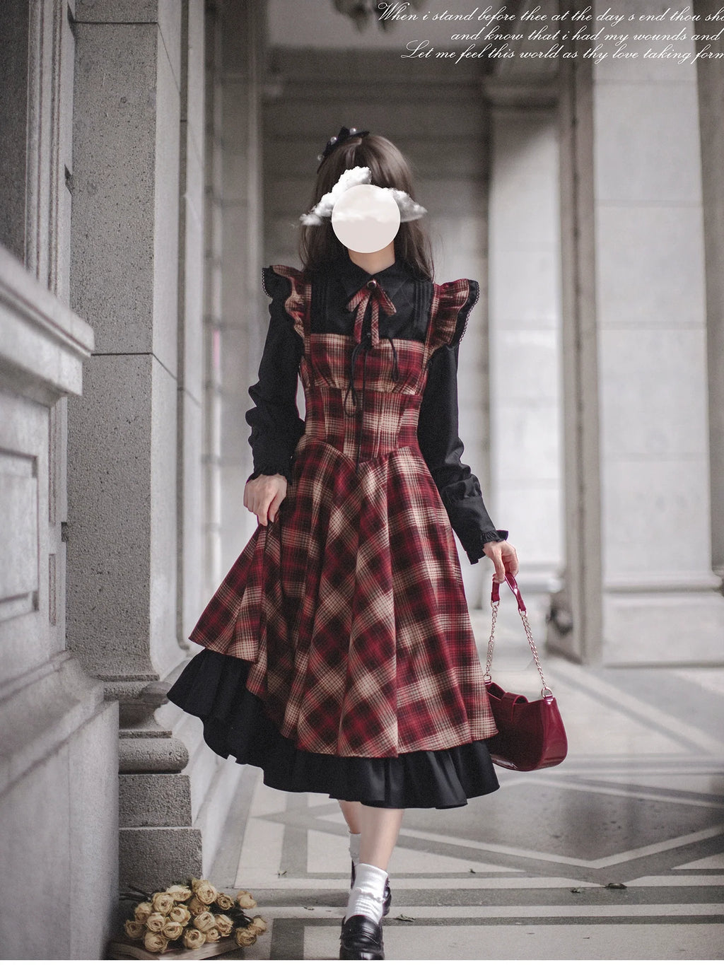 Red checked bicolor jumper skirt and black blouse